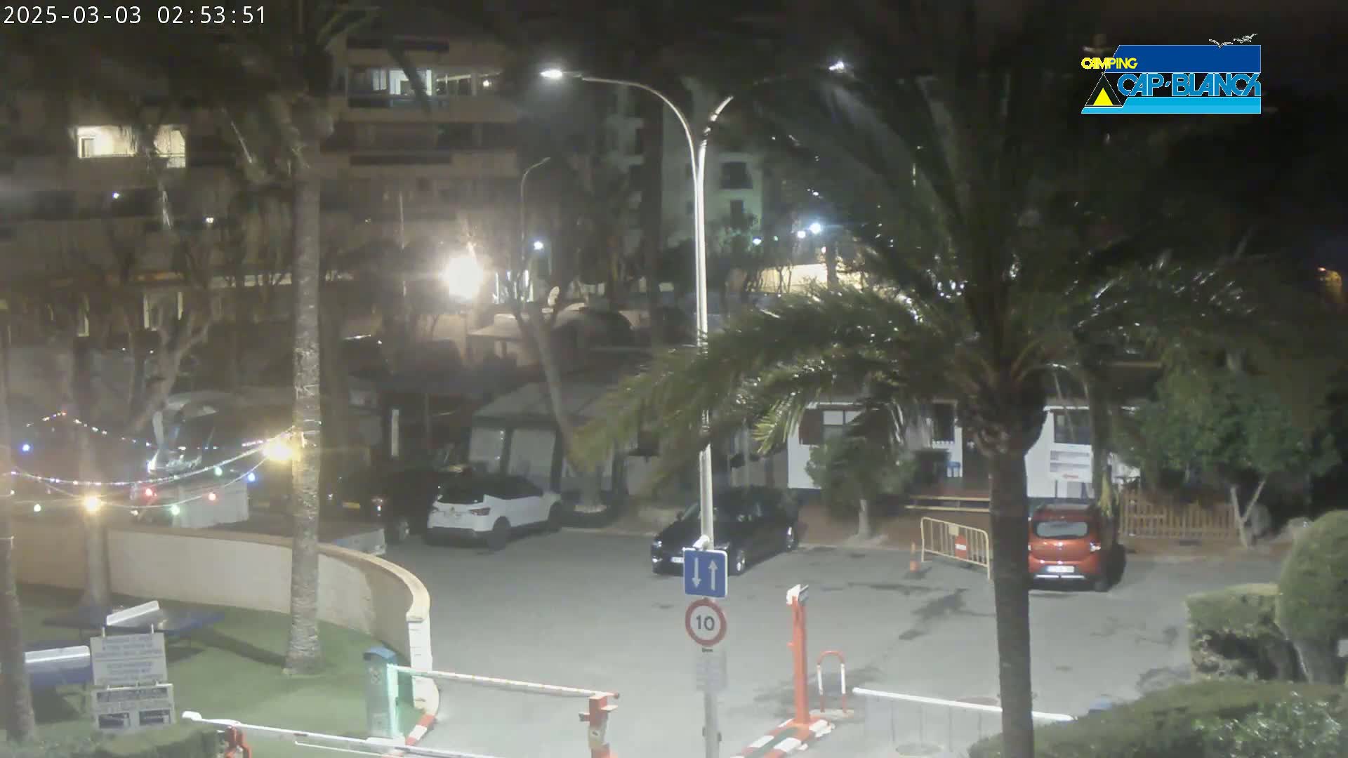 At night, a parking lot with several cars is illuminated by streetlights, surrounded by palm trees and buildings under a clear sky.
