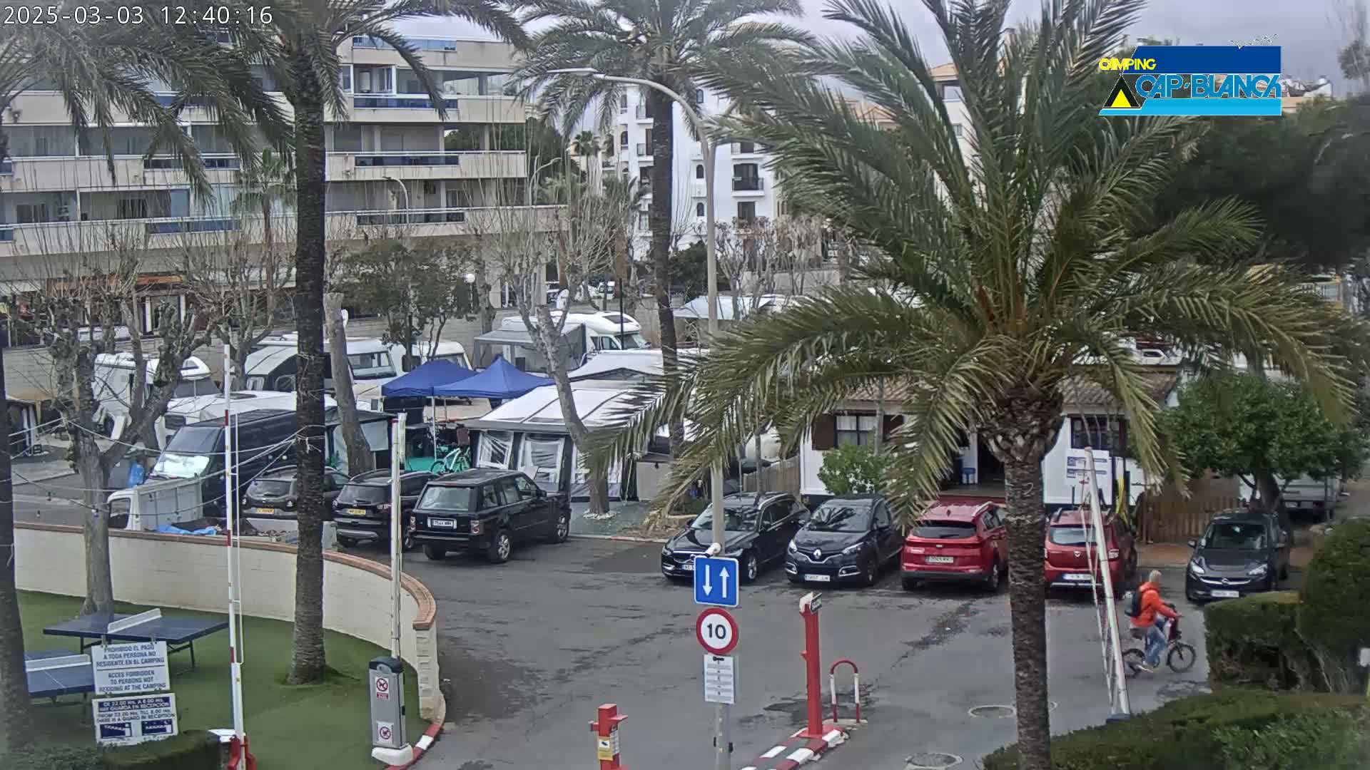 A parking lot with numerous campers and cars is situated near a multi-story building, under a cloudy sky, with palm trees and a person riding a bicycle.