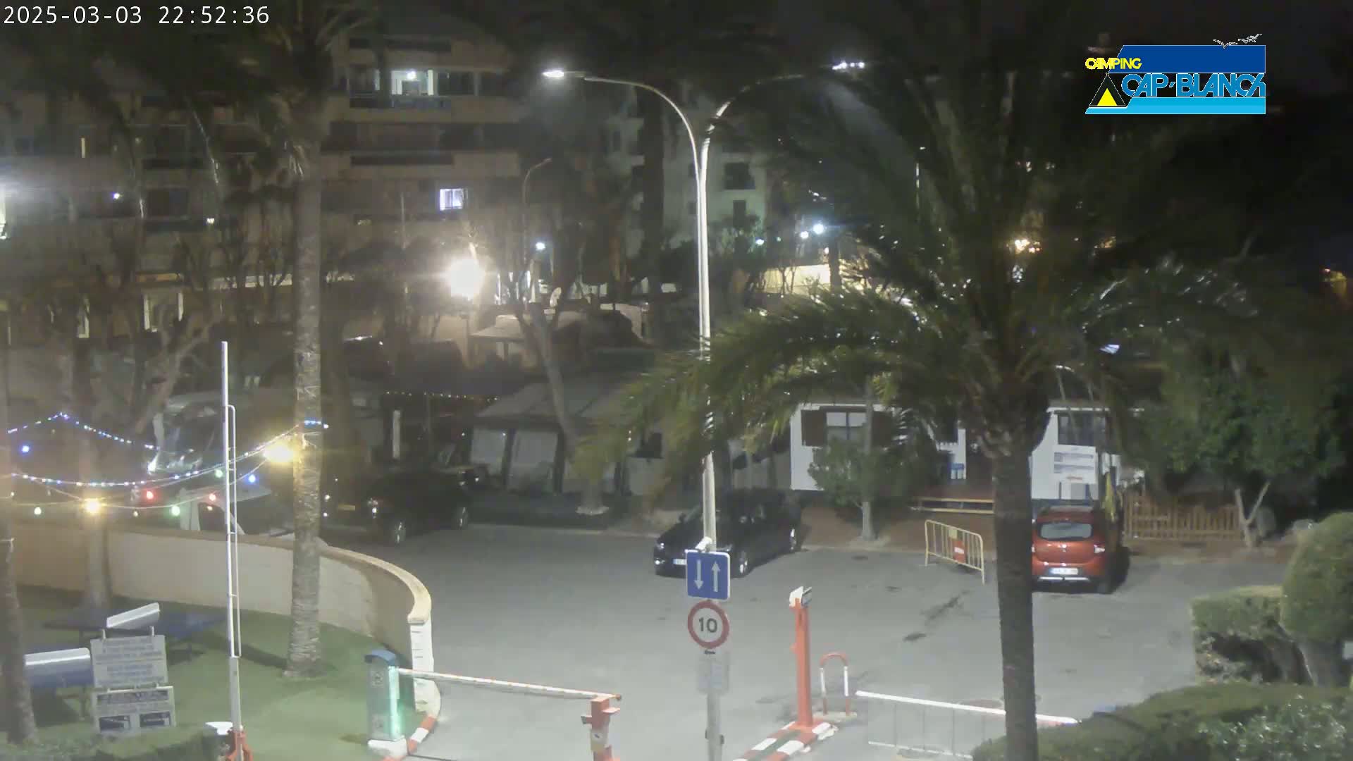 A nighttime scene of a parking lot and surrounding buildings, illuminated by streetlights, with palm trees and string lights visible.