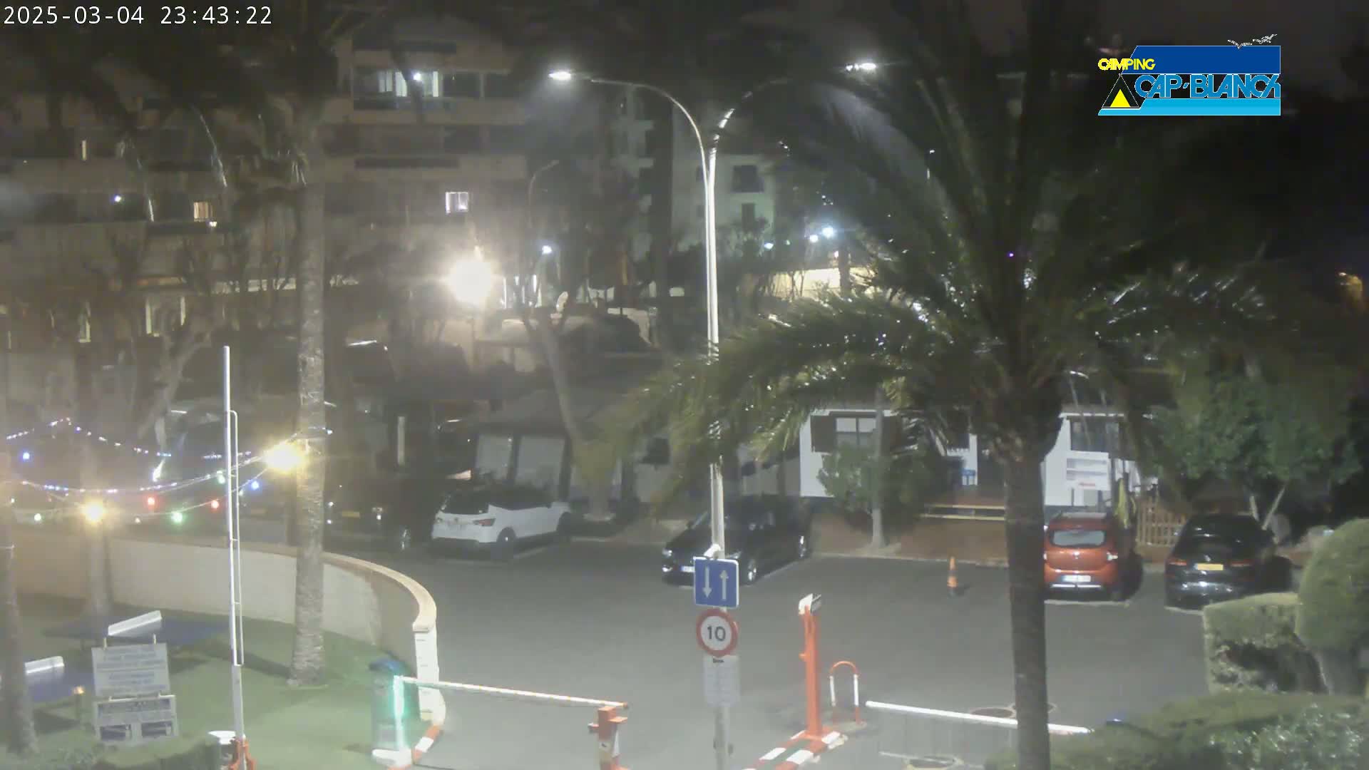 A nighttime, rain-swept parking lot scene shows several cars parked near a building with palm trees and string lights.
