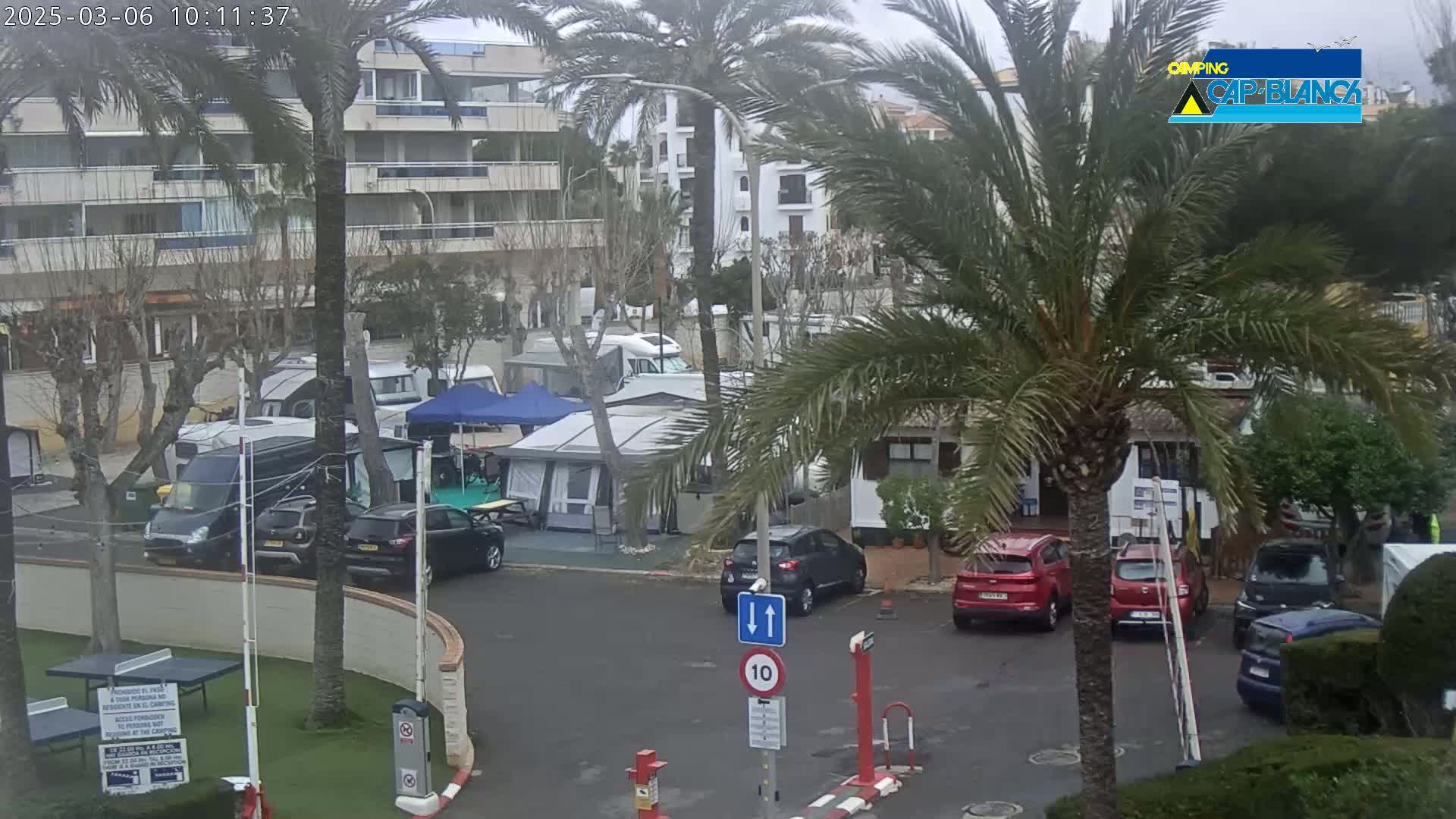 A cloudy day at a campsite shows numerous cars and caravans parked amongst palm trees and apartment buildings.