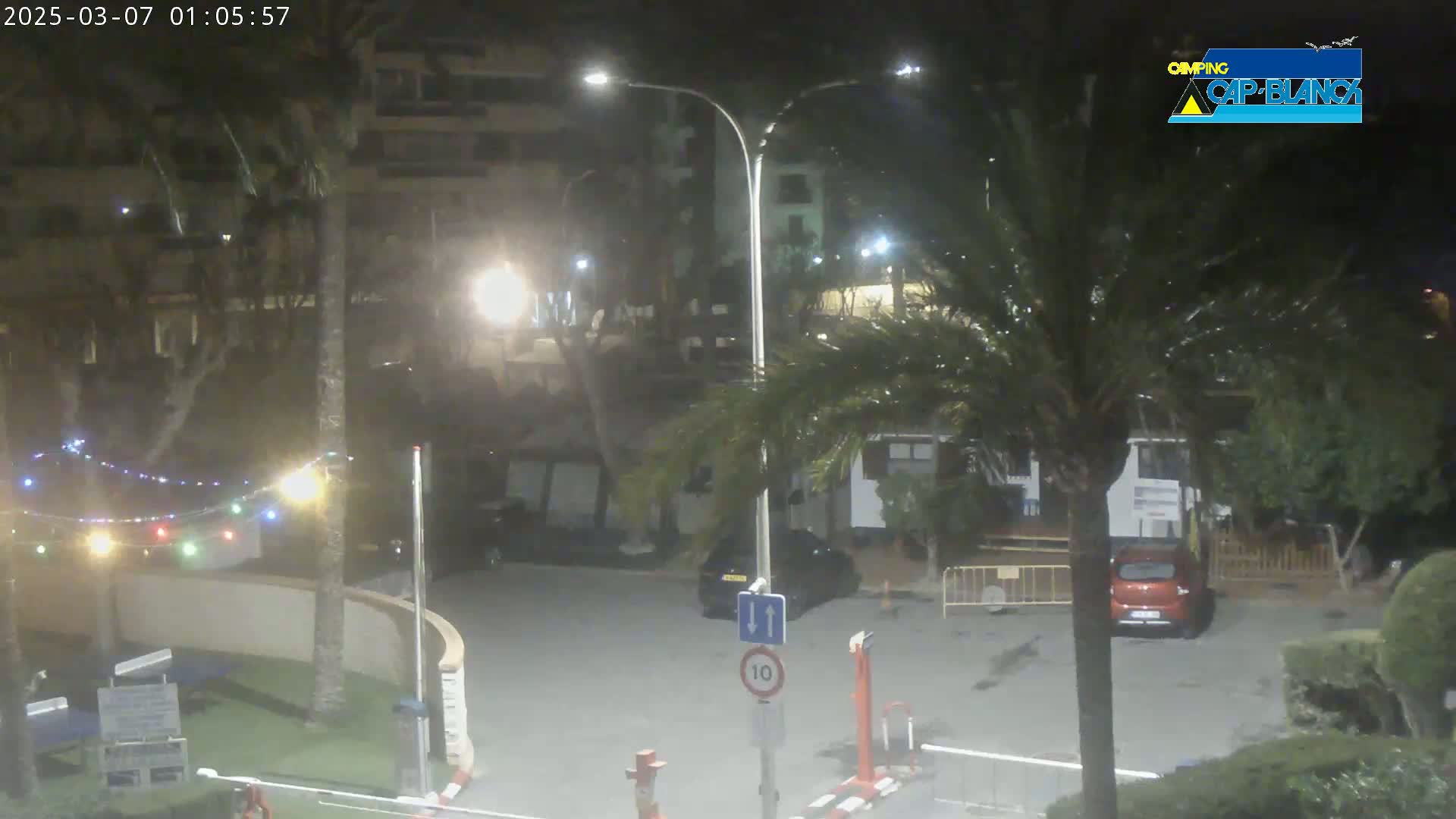 At night, under nighttime lighting, a parking lot and surrounding buildings are visible, with palm trees and string lights illuminating the scene.