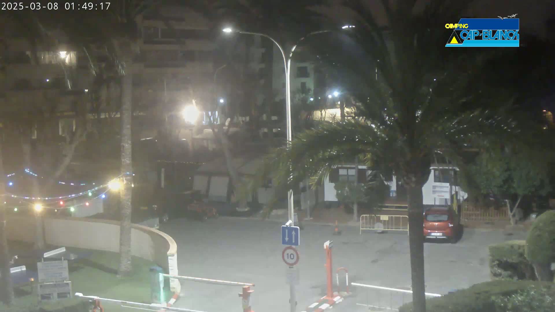 A nighttime, outdoor scene shows a street with palm trees, buildings, and string lights, under partly cloudy skies.