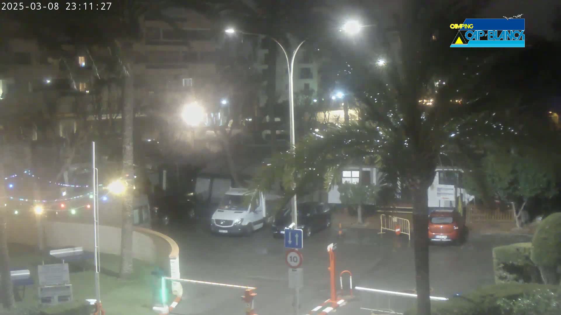 A nighttime scene of a parking lot with several vehicles, including a van and car, under rainy conditions, surrounded by palm trees and buildings with some outdoor string lights visible.