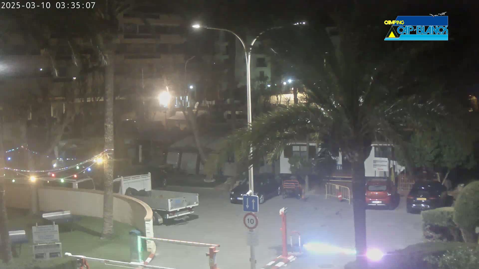 A nighttime scene shows a parking lot with several cars and a truck, palm trees, and string lights, illuminated by streetlights.