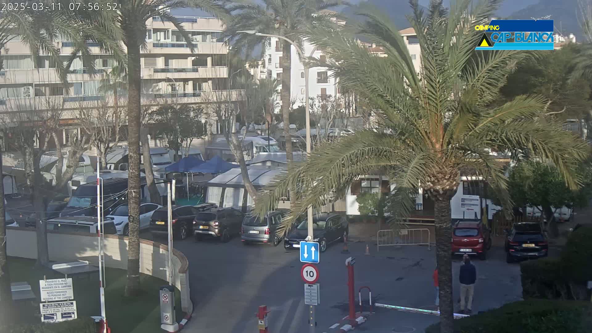 A sunny day shows a parking lot filled with cars and campers next to a multi-story building, with palm trees in the foreground.