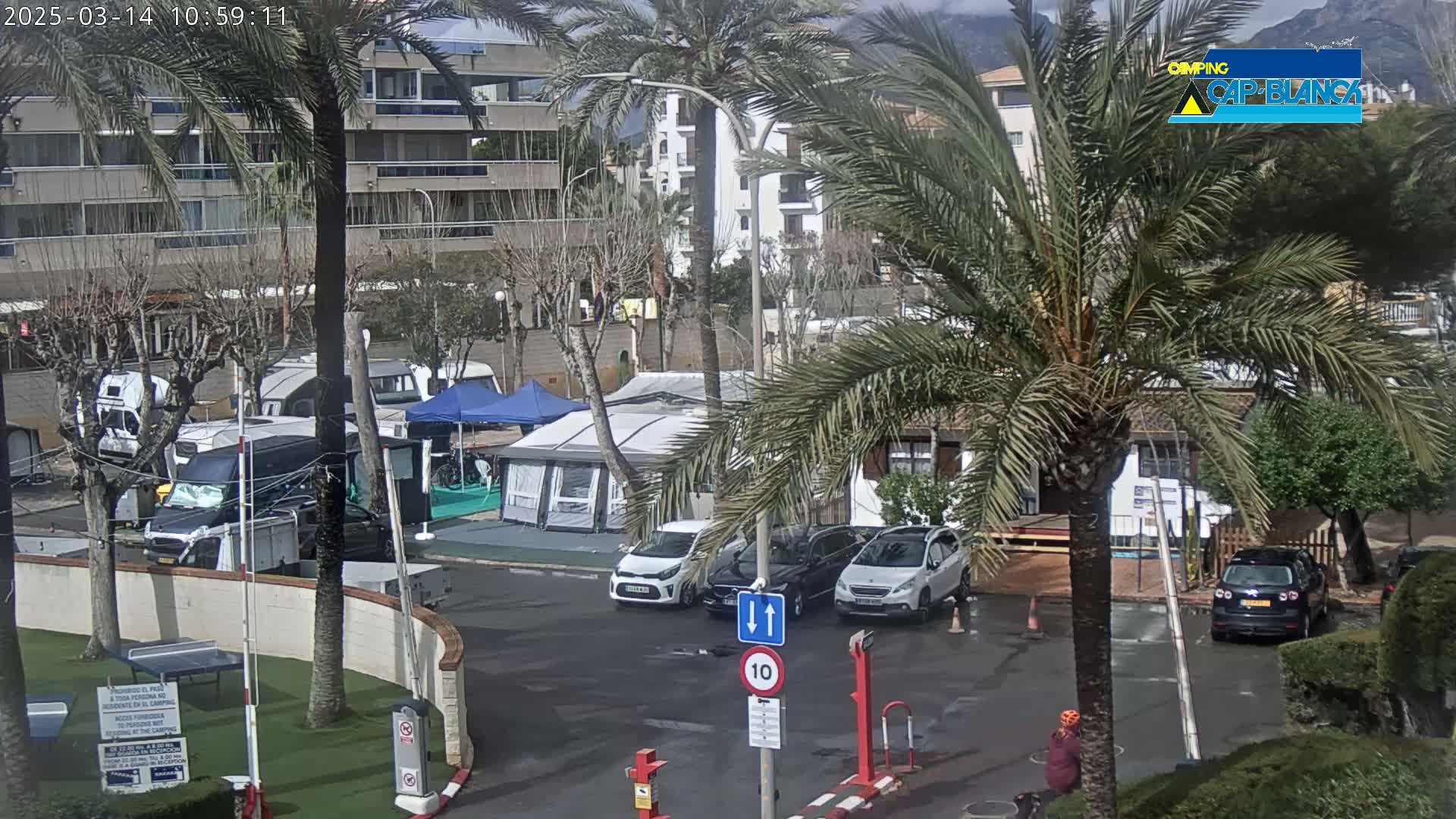 A parking lot with several cars and RVs, surrounded by palm trees and buildings, on a partly cloudy day.