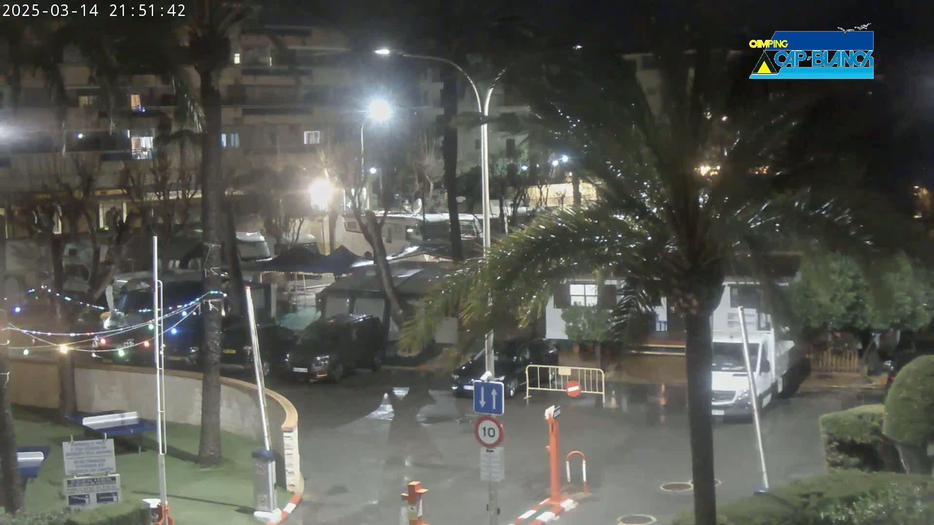 A nighttime scene of a wet parking lot and campground with cars, RVs, and palm trees under streetlights in the rain.