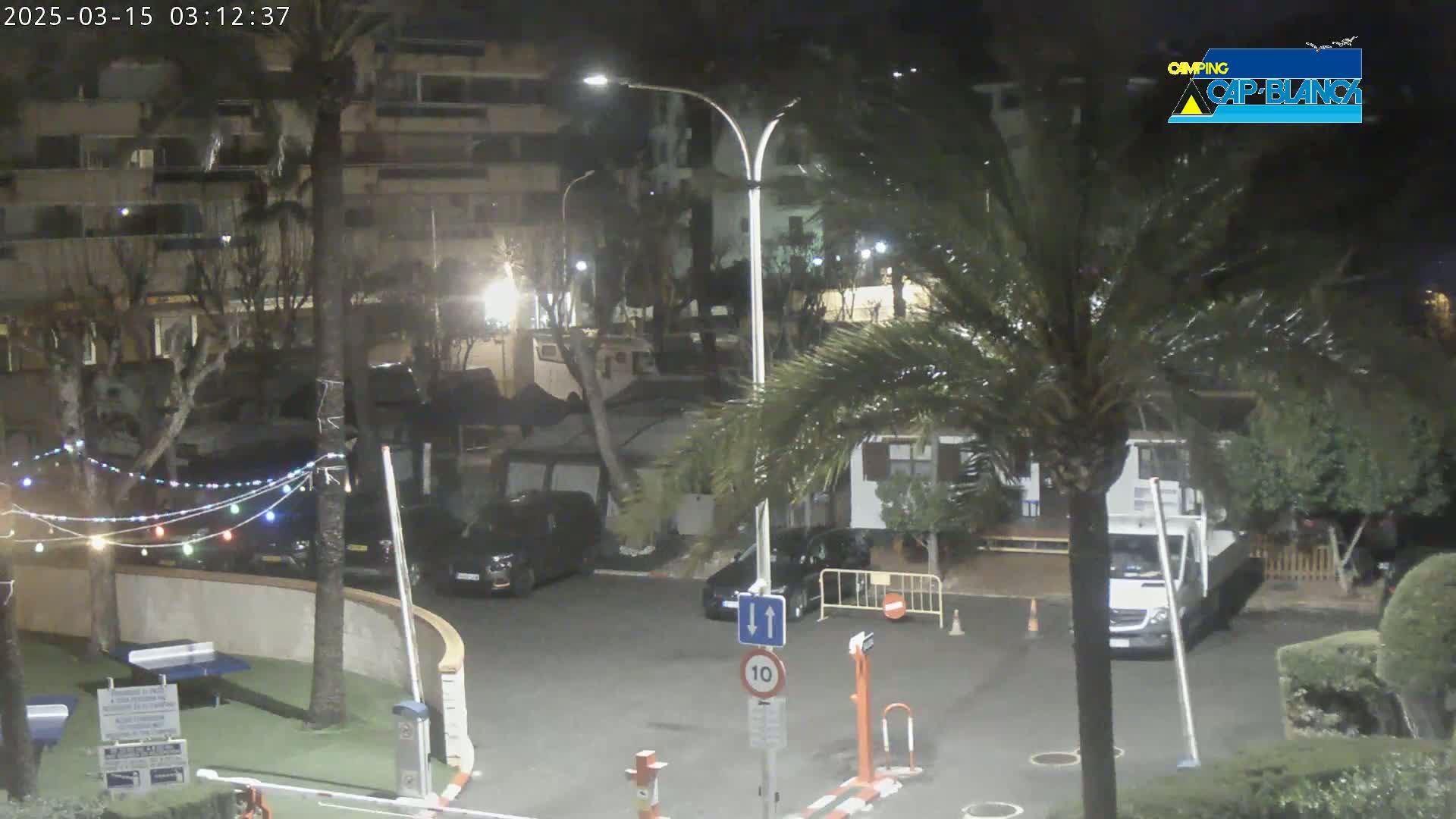 A nighttime view of a parking lot next to buildings with palm trees and string lights, under partly cloudy skies.