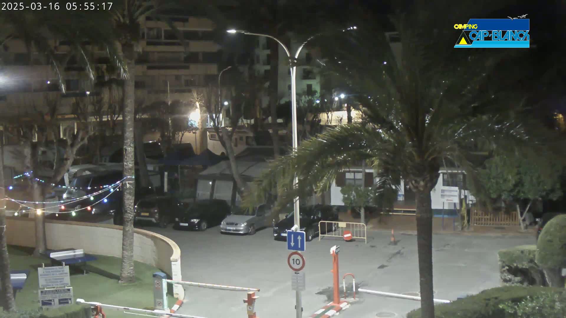 A nighttime view of a parking lot with cars parked near buildings and palm trees under a dark sky.