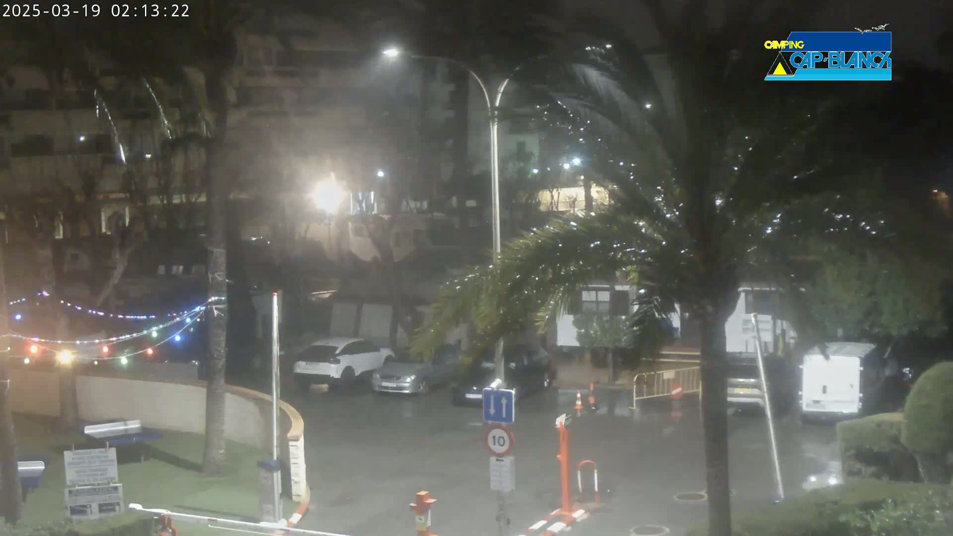 A nighttime scene of a parking lot and street with several cars parked, palm trees swaying in heavy rain, and string lights strung across a wall.