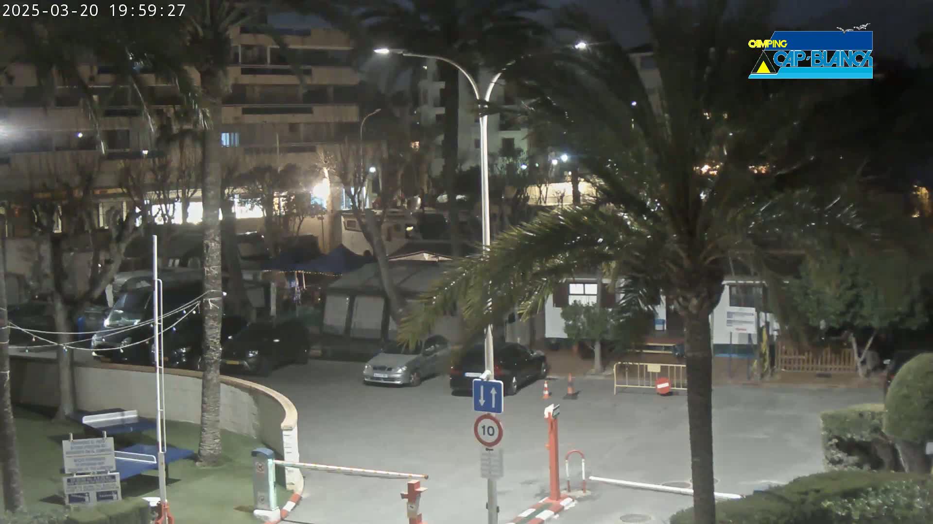 A nighttime view of a parking lot surrounded by palm trees, buildings, and small structures, under a clear, dark sky.
