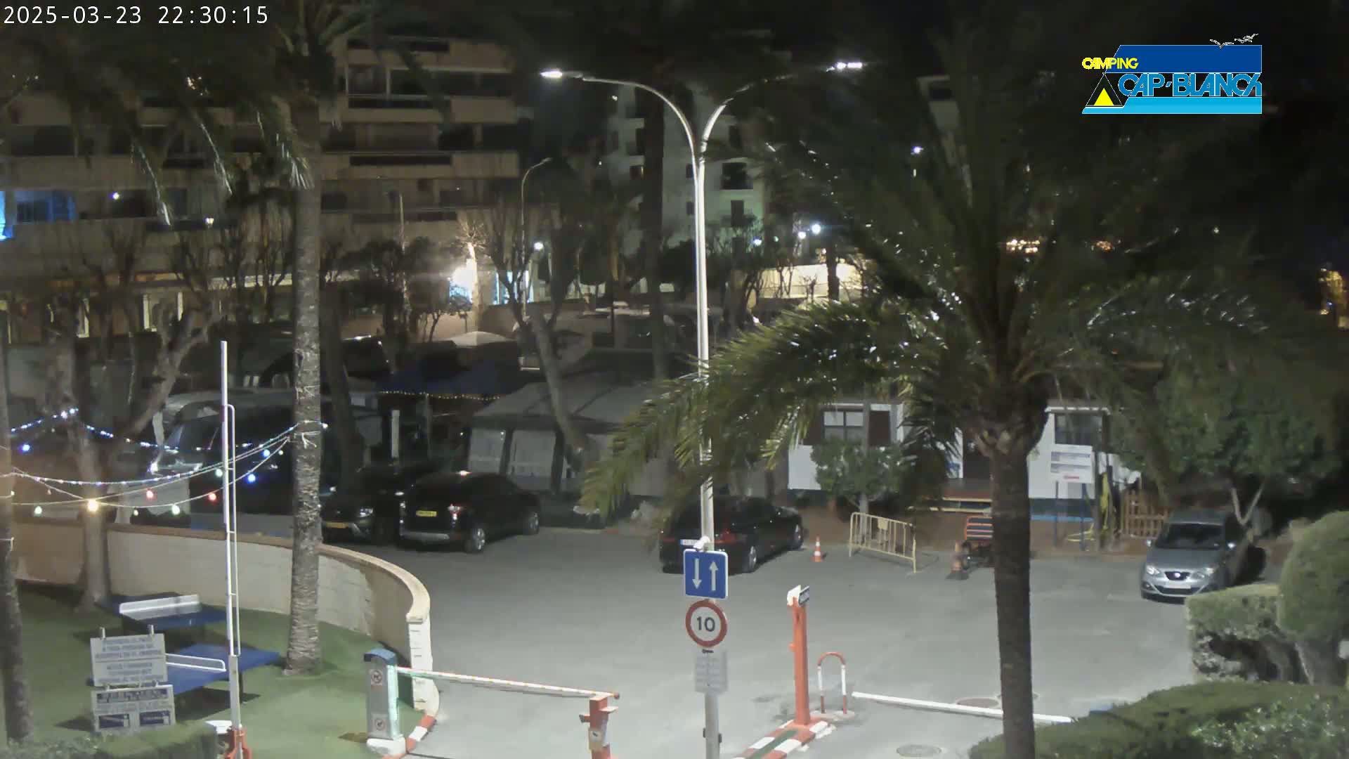 A nighttime view of a parking lot surrounded by palm trees and buildings, with several cars parked and string lights visible.