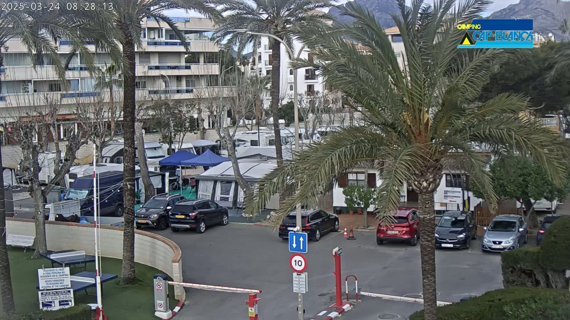 A parking lot with numerous camper vans and cars is situated near a multi-story building under a partly cloudy sky.