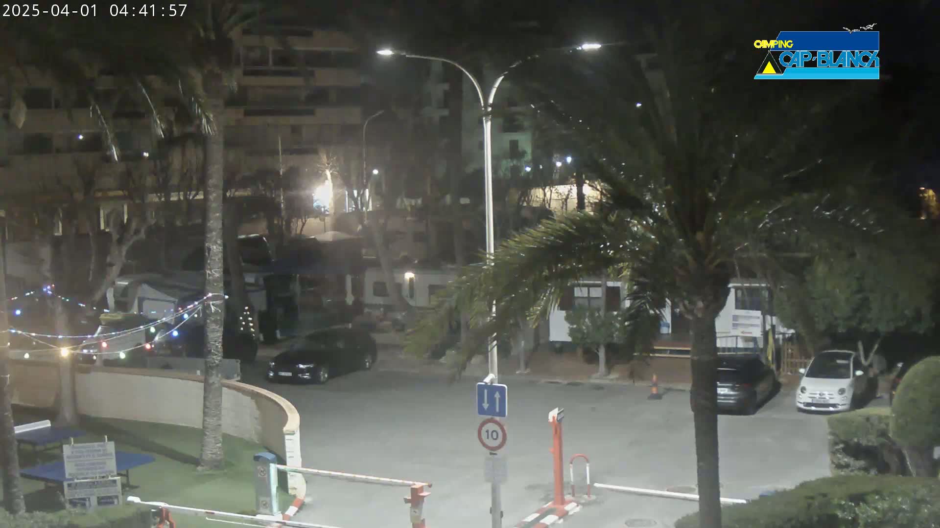 At night, a parking lot with cars and recreational vehicles is illuminated by streetlights, surrounded by palm trees and a building.