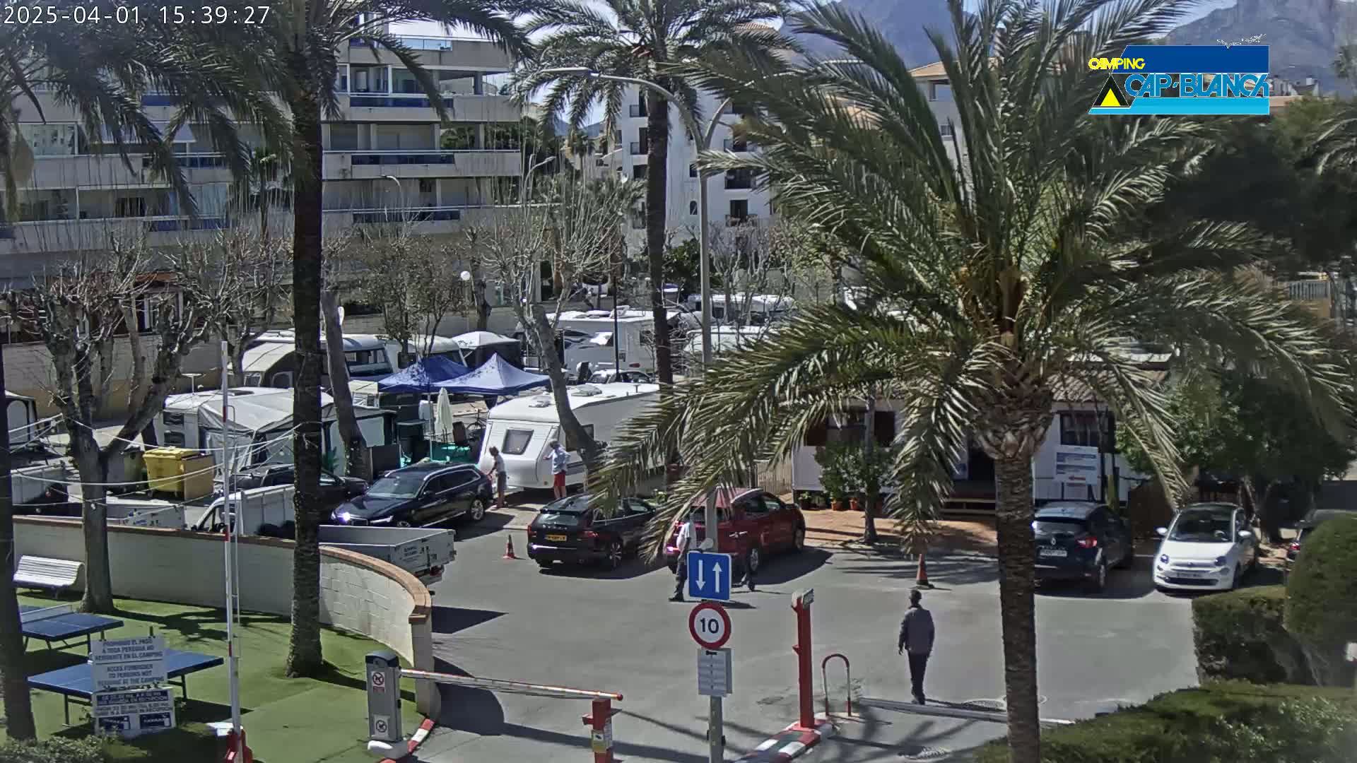A sunny day shows a parking lot with numerous campervans and cars, surrounded by palm trees and apartment buildings.