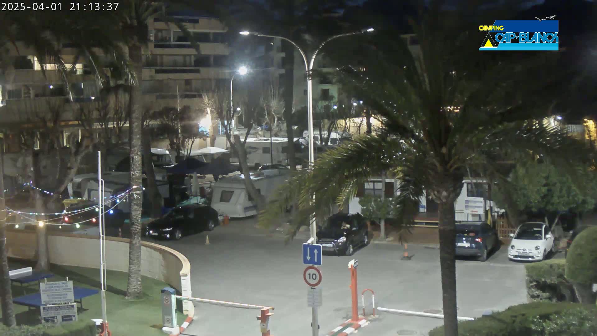 A nighttime view of a parking lot with several cars and campervans, surrounded by palm trees and buildings, under clear skies.
