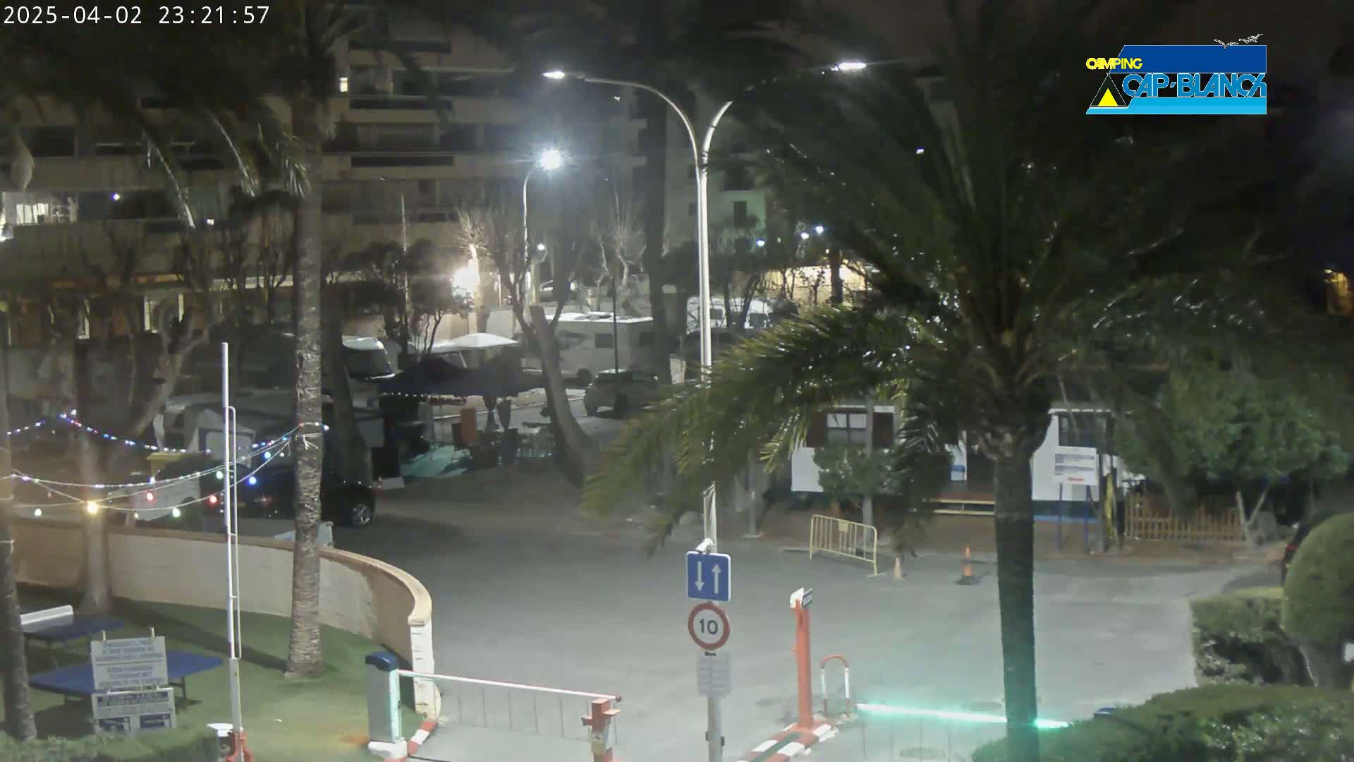 A nighttime scene shows a paved area with parked vehicles, palm trees, and buildings under artificial light.