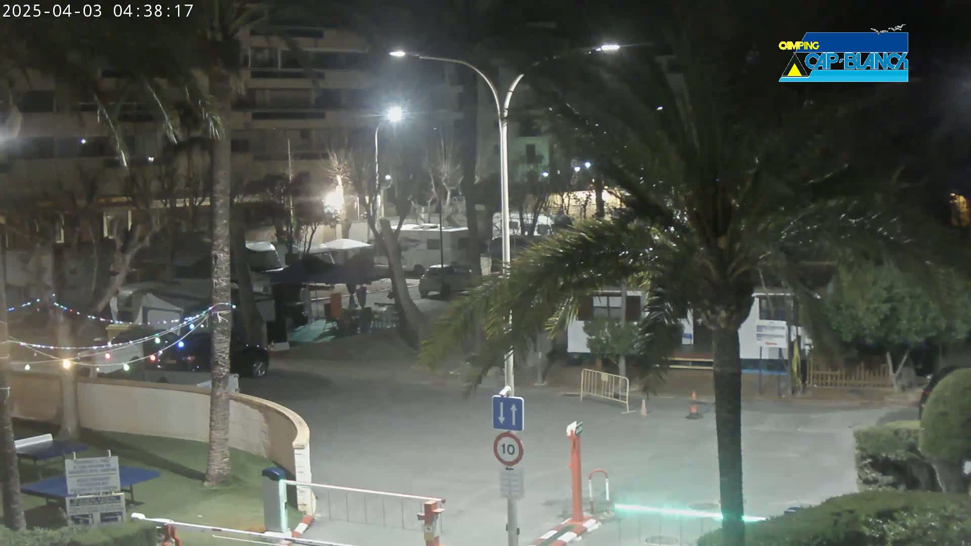 A nighttime view of a campground with palm trees, cars, and RVs, under streetlights.