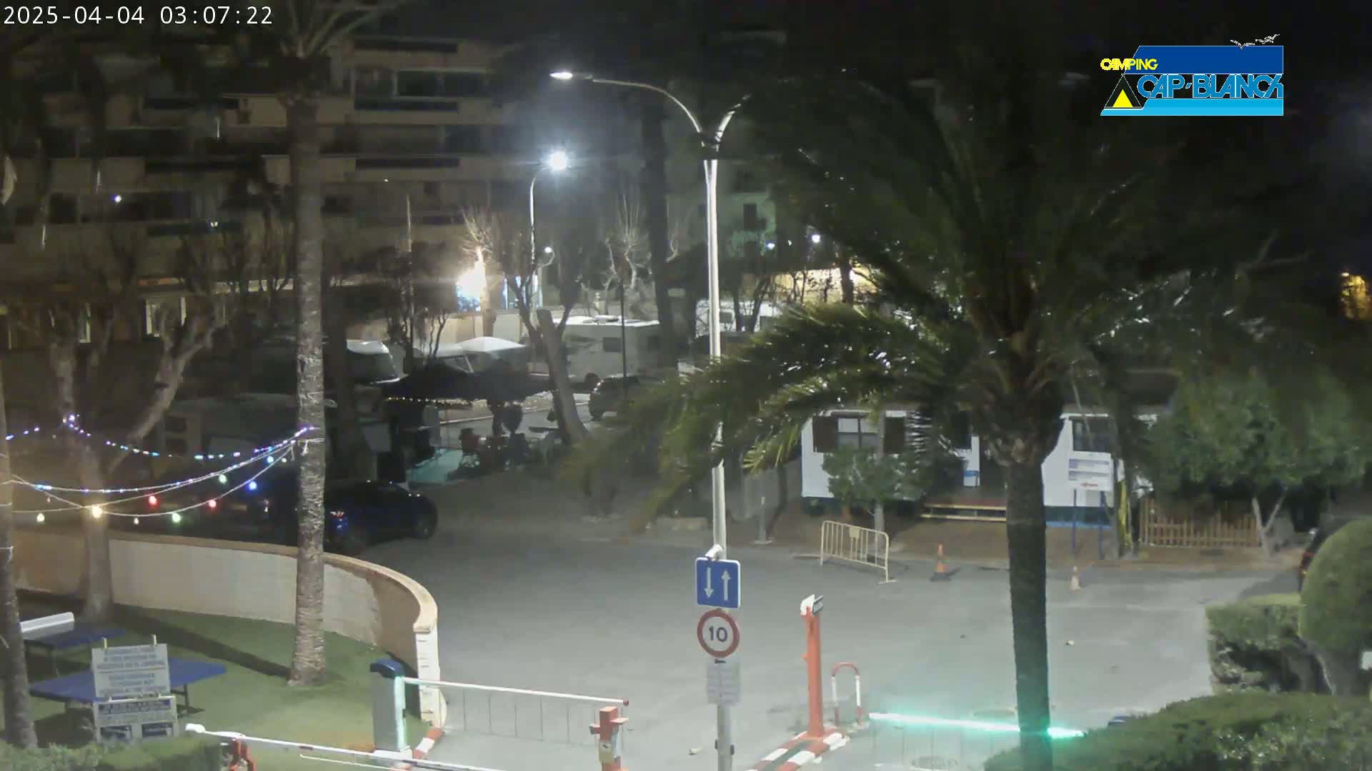 A nighttime view of a parking lot with cars and RVs, palm trees, and string lights, under dark and clear skies.