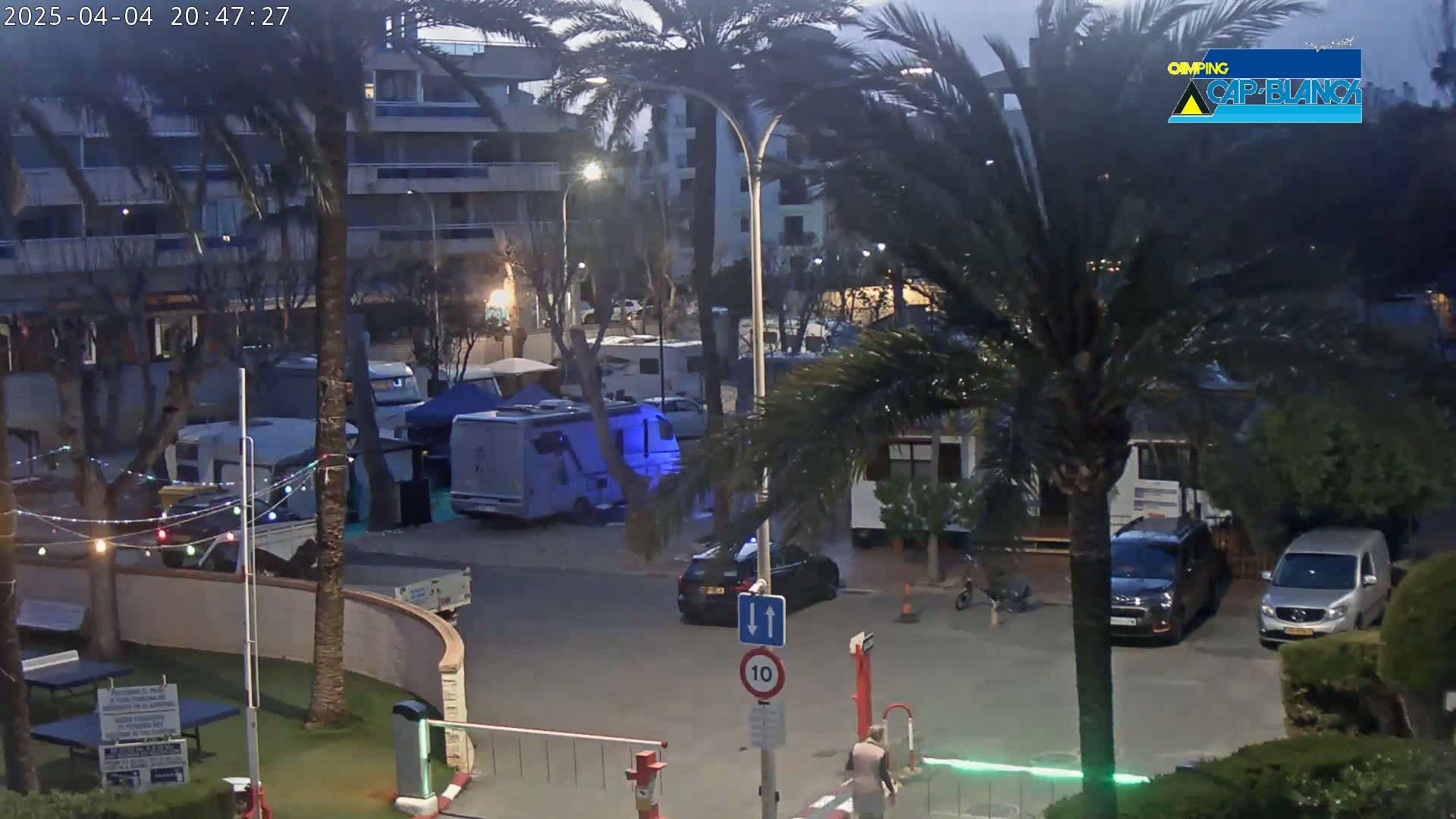 At dusk, a parking lot with several RVs and cars is partially visible through palm trees, with a few people walking nearby.