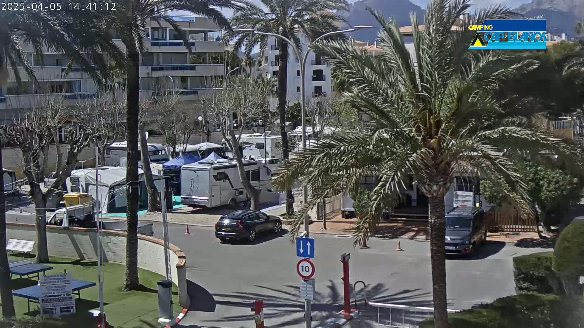 A sunny day shows a parking lot filled with RVs and cars next to a multi-story building surrounded by palm trees.