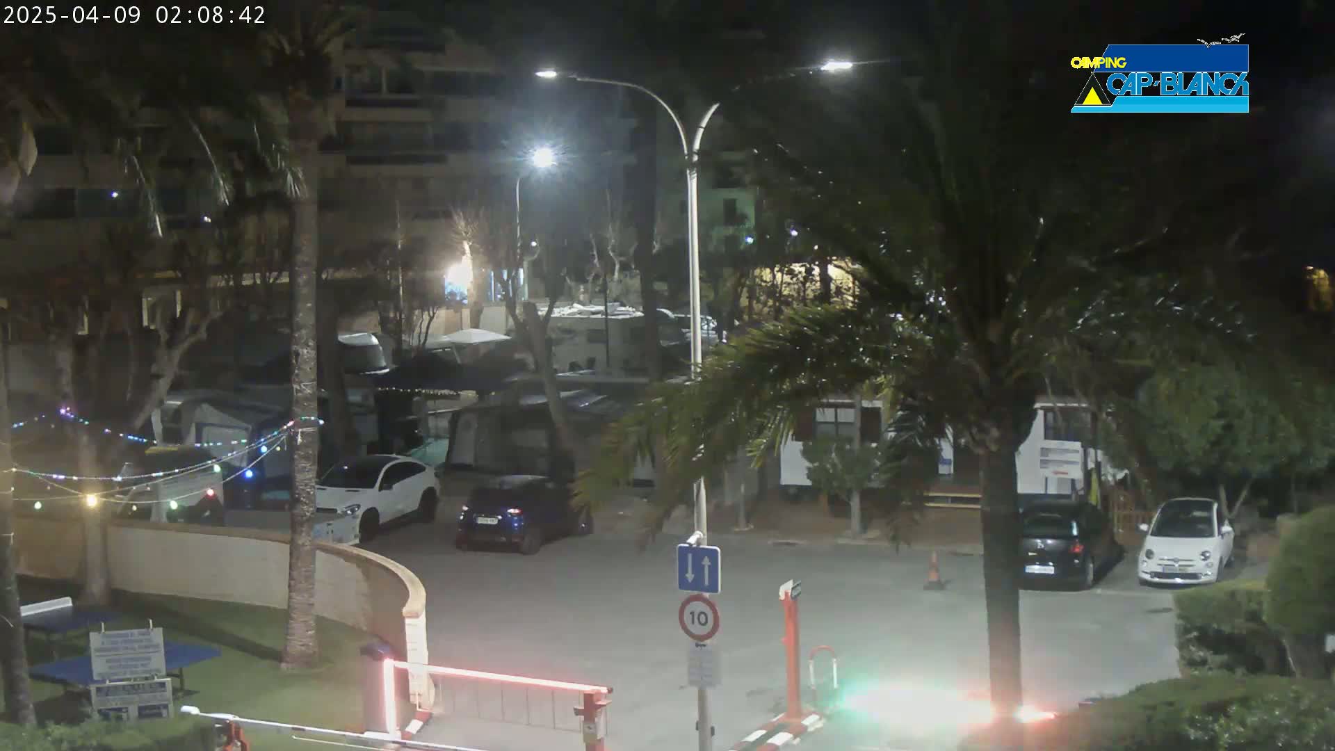 A nighttime view of a parking lot with cars and RVs, surrounded by palm trees and string lights, under partly cloudy skies.