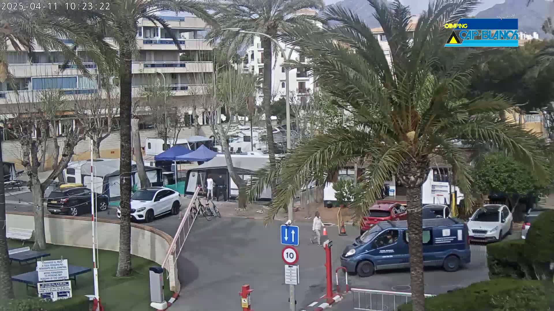 A parking lot with several cars and campervans is seen under a partly cloudy sky, next to a multi-story building and palm trees.