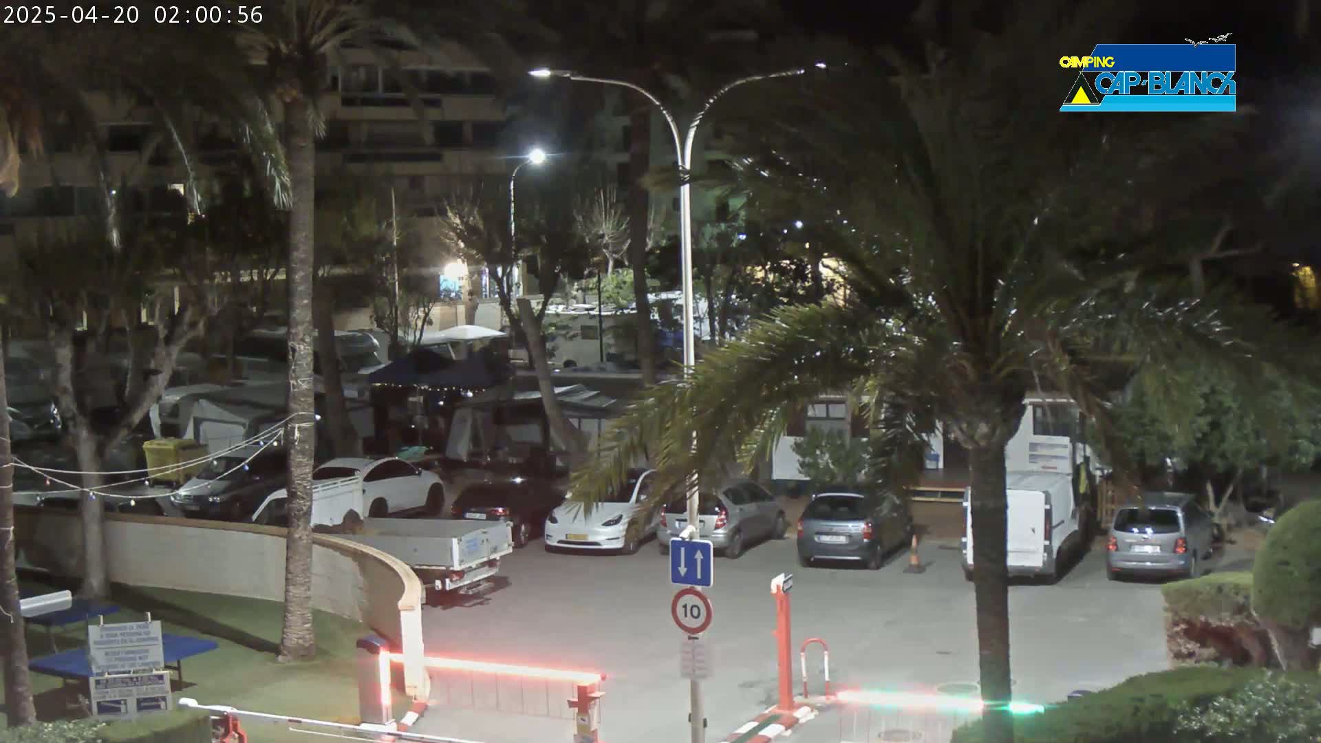 A nighttime parking lot filled with cars and RVs, surrounded by palm trees and buildings, under artificial lighting.