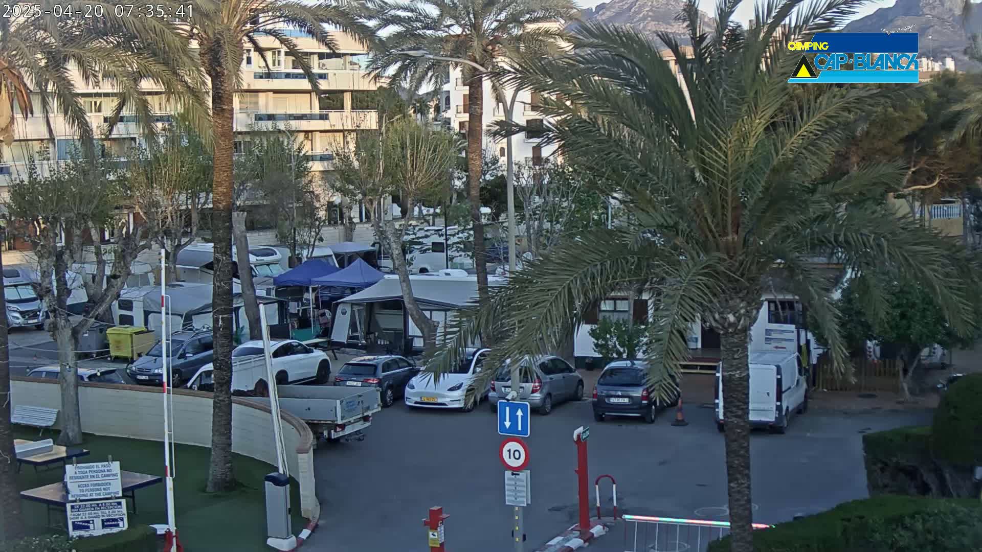 A parking lot filled with cars, RVs, and tents is situated near a multi-story building, all under a mostly clear sky.