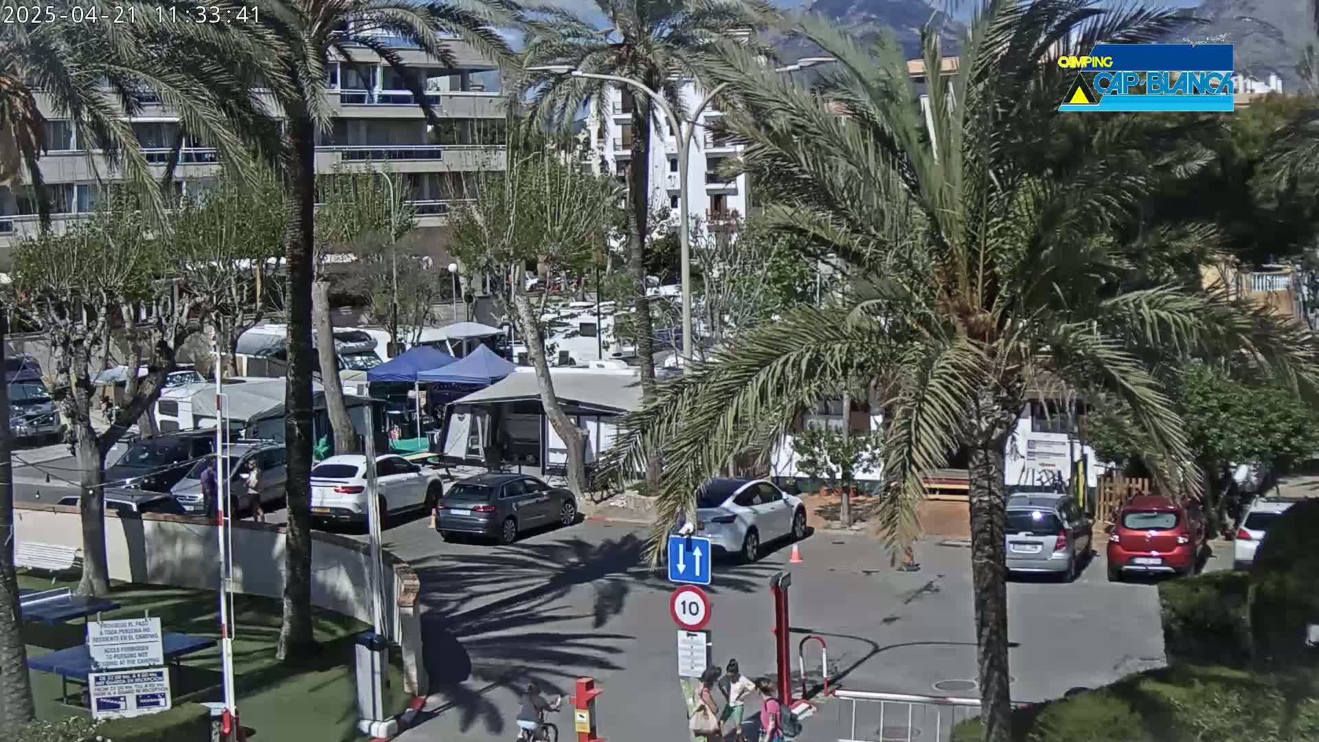 A sunny parking lot with cars, RVs, and tents nestled among palm trees and apartment buildings.