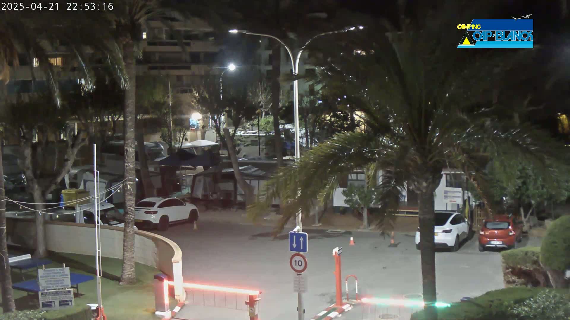 A nighttime parking lot scene, illuminated by streetlights, shows several cars parked near palm trees and buildings under a clear sky.