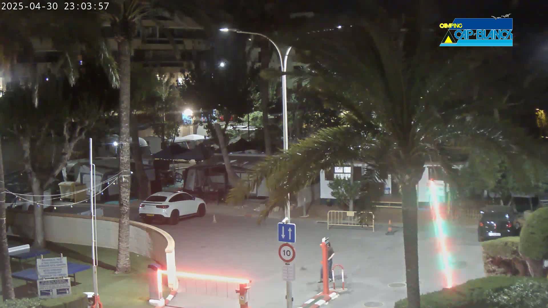 A nighttime scene shows a paved area with cars parked, palm trees, and a security gate with a person standing nearby, under clear skies.