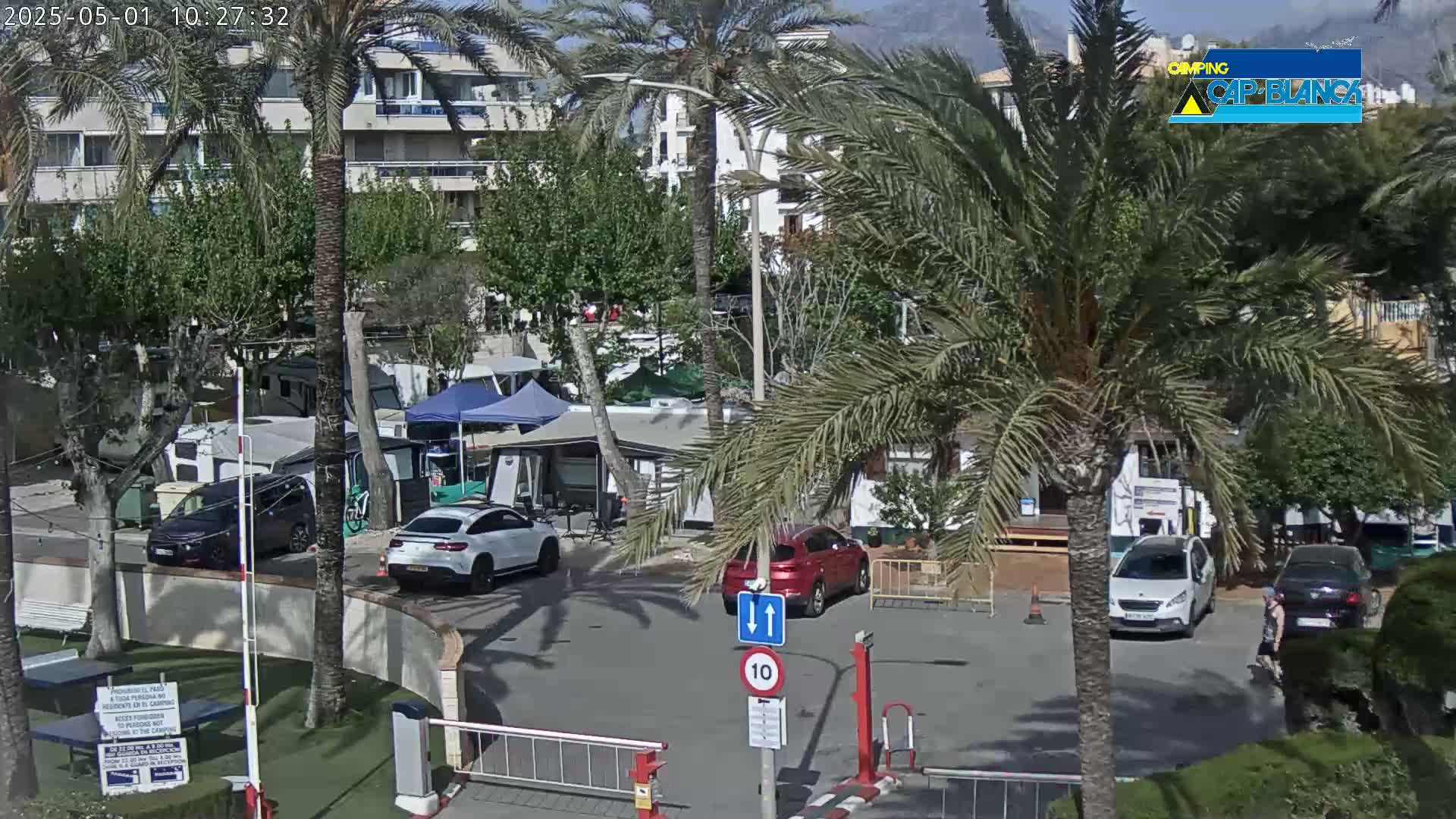A sunny parking lot with several cars and campervans, surrounded by palm trees and apartment buildings.