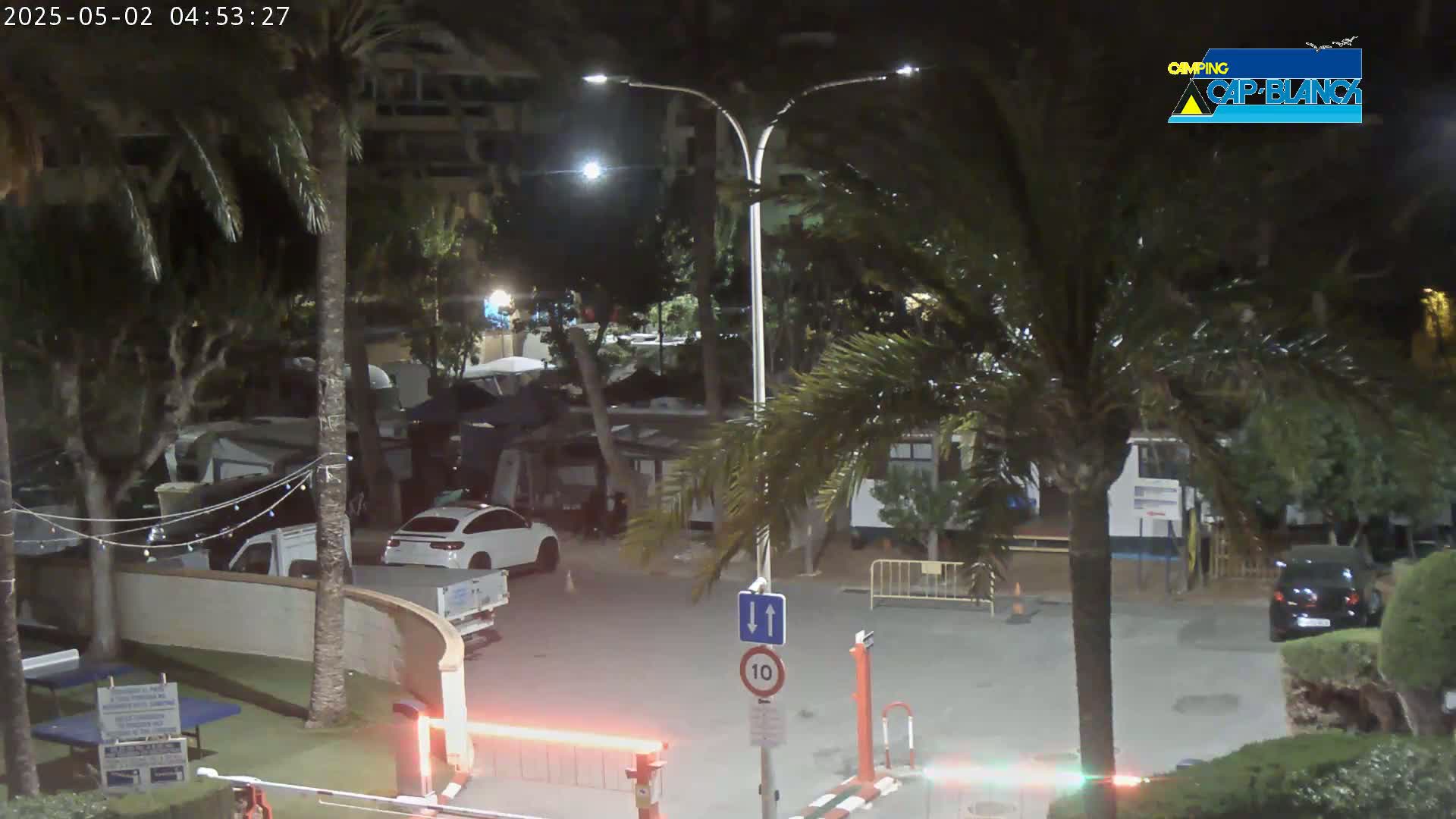 A nighttime view of a parking lot with several cars and RVs, surrounded by palm trees and buildings, under clear skies.