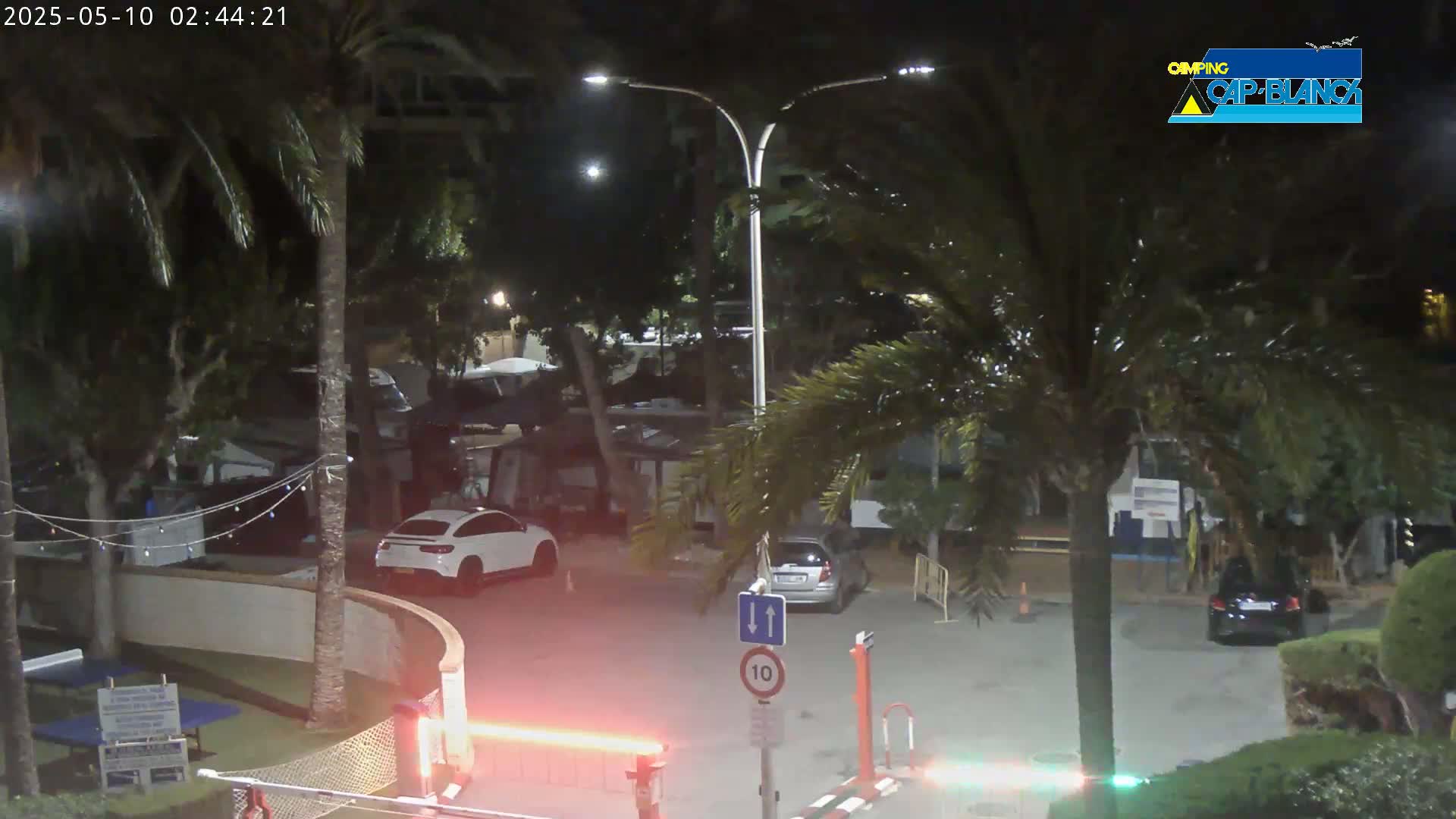 A nighttime view of a parking lot with several cars, palm trees, and a security gate, illuminated by streetlights.