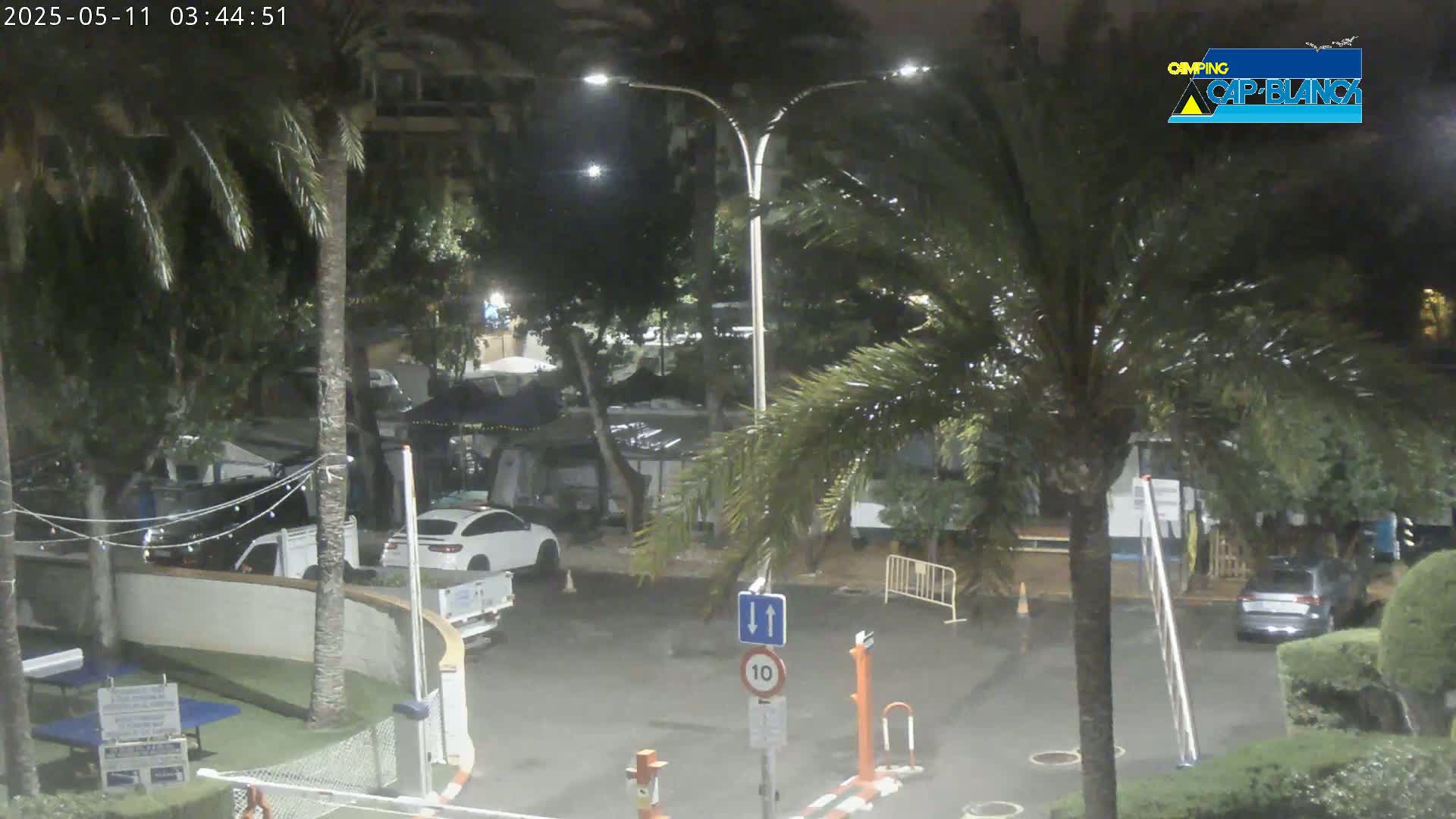 A nighttime scene of a paved area with parked cars, palm trees, and string lights, under partly cloudy skies.
