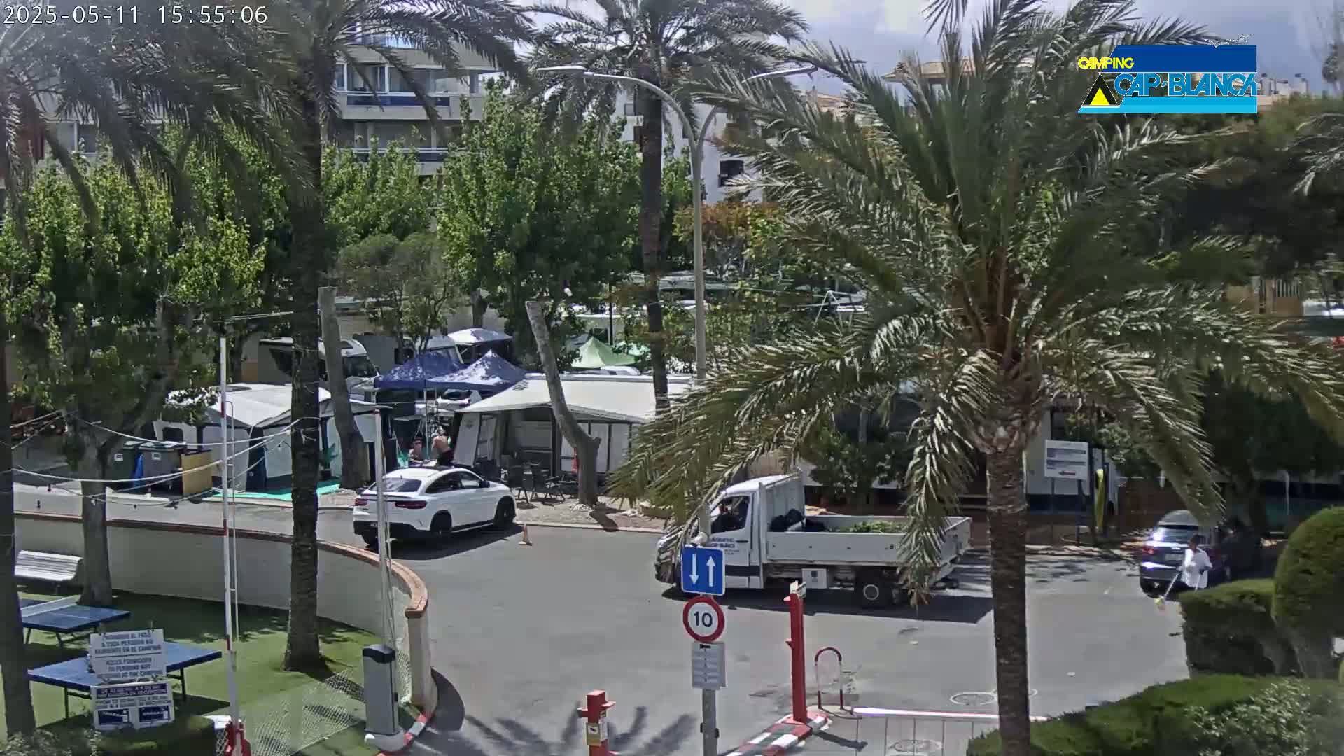 A sunny day at a campground shows several RVs, tents, and cars parked among palm trees and green landscaping.