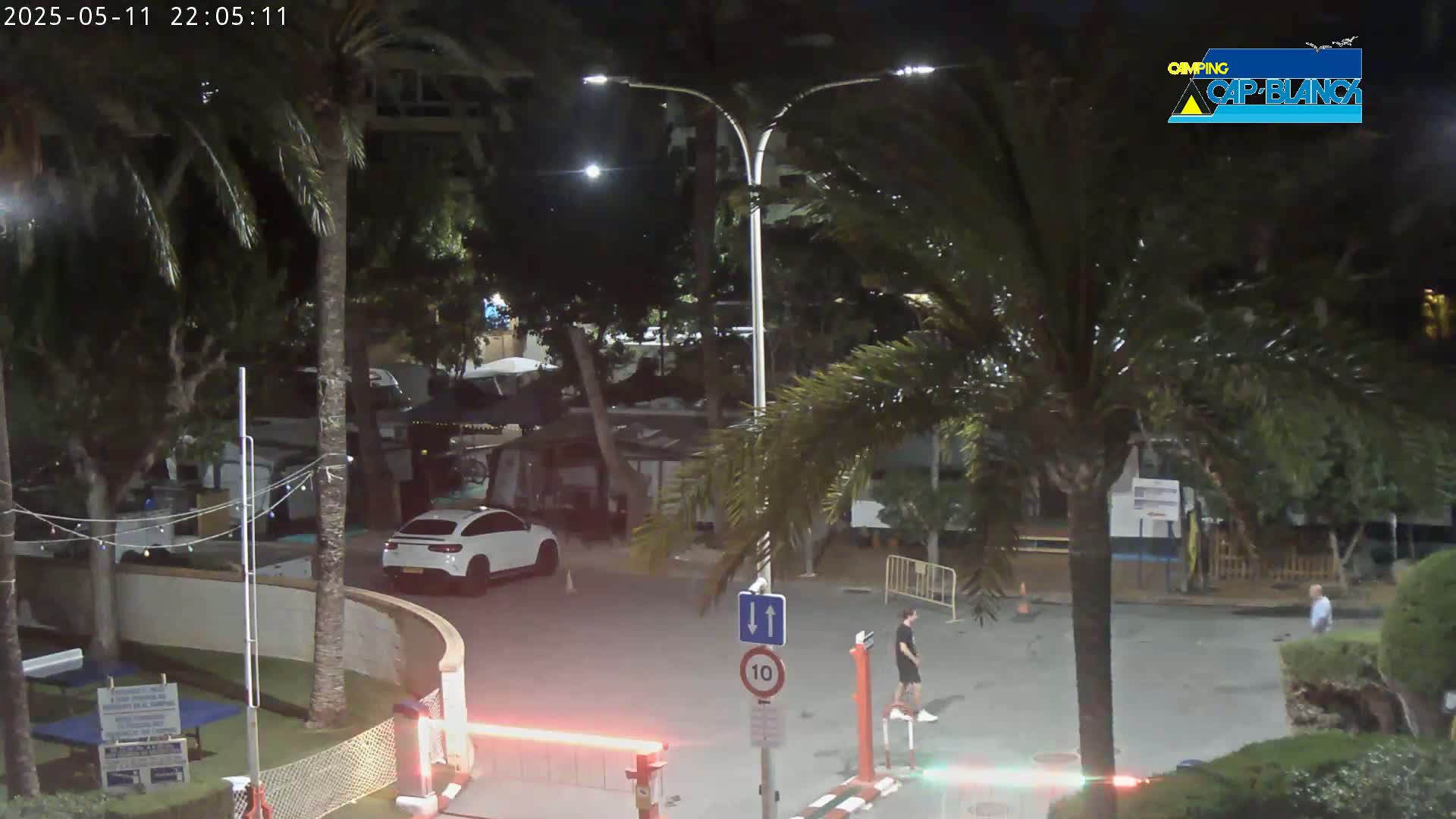 A nighttime outdoor scene shows a paved area with palm trees, a white SUV, and several people; the area appears to be a campground or similar.