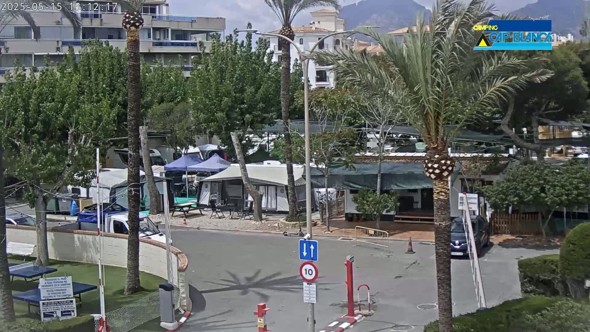 A sunny day at a campground with numerous tents and RVs, situated near buildings and palm trees.