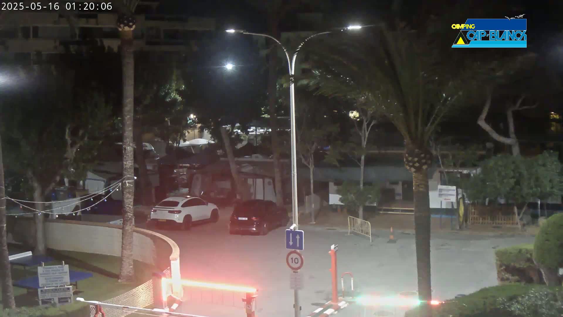 At night, under partly cloudy skies, a parking lot with two cars is illuminated by streetlights, surrounded by palm trees and other vegetation.
