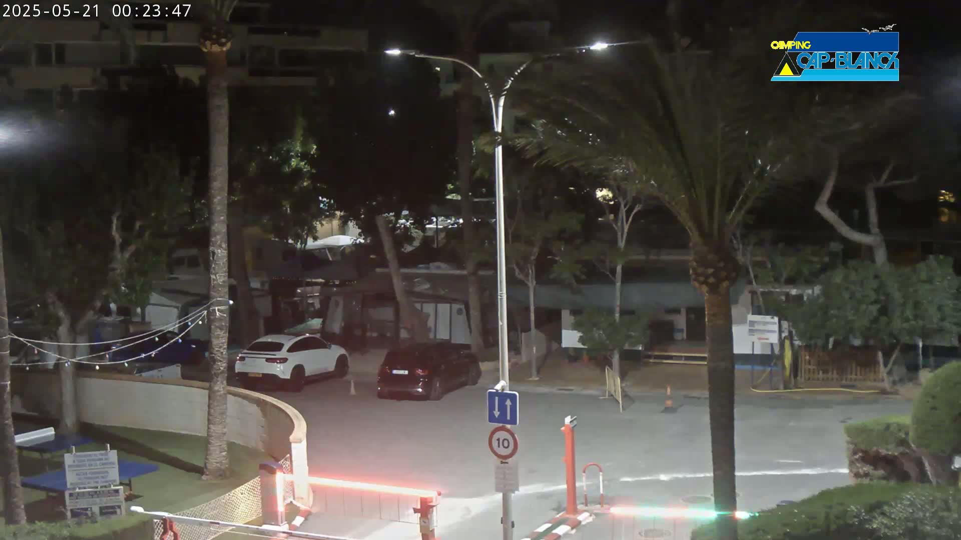 A nighttime view of a parking lot in a campground, surrounded by palm trees and other vegetation, with several cars parked and a roadway barrier.
