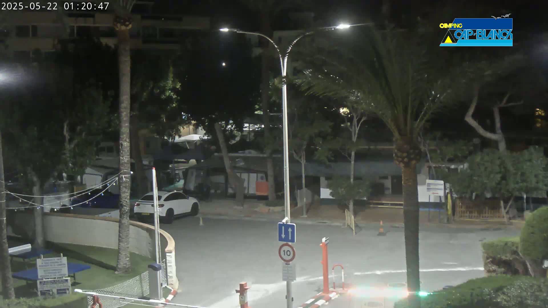 A nighttime, outdoor scene shows a paved road with a car parked near a security gate, surrounded by palm trees and buildings under artificial light.
