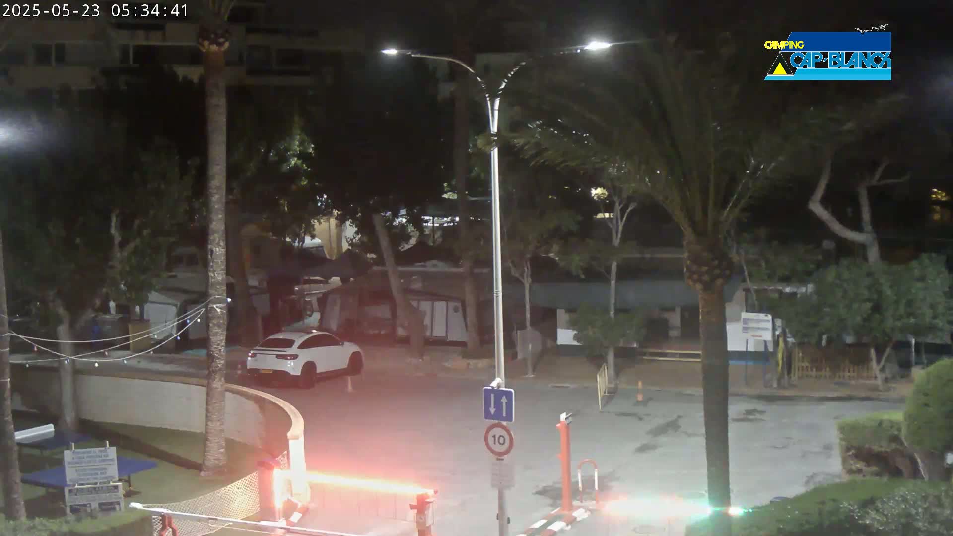 A nighttime view of a parking lot with a white SUV, palm trees, and buildings under bright streetlights.