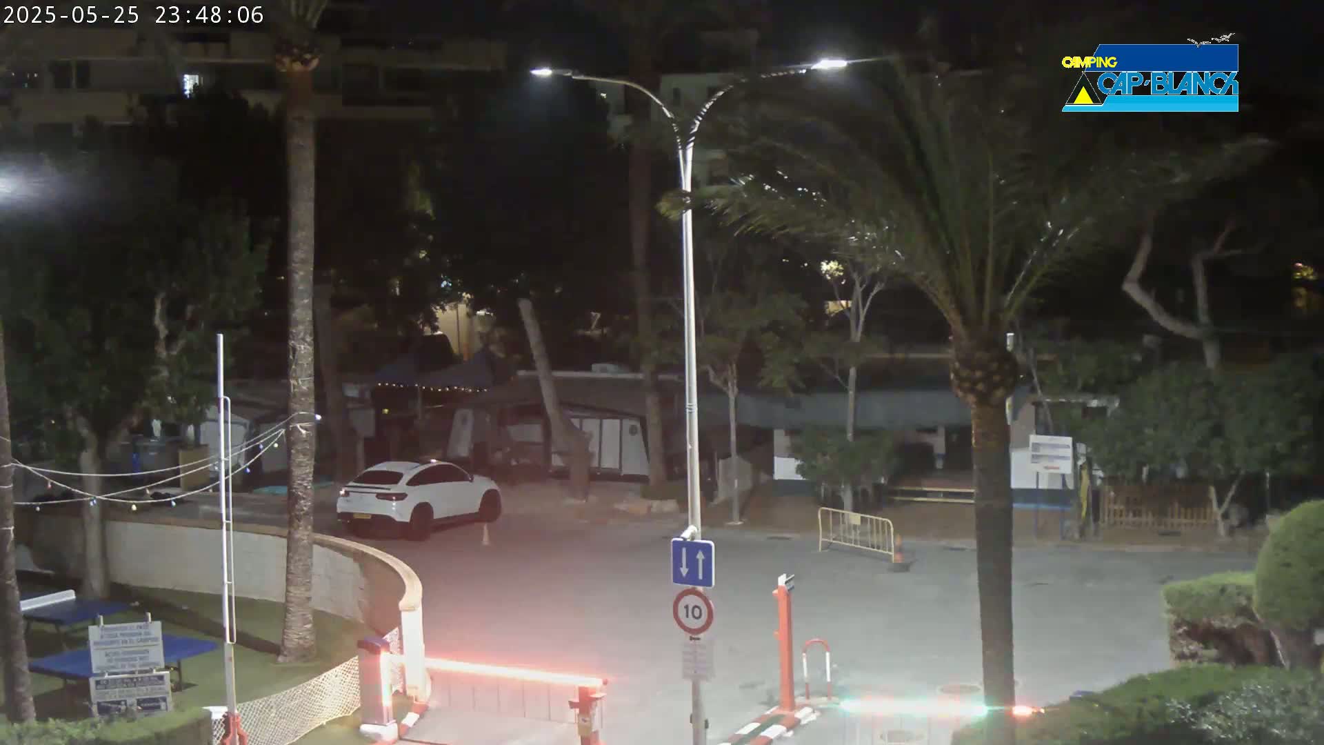 A nighttime outdoor scene shows a white SUV parked near a roadway with palm trees, buildings, and low lighting.