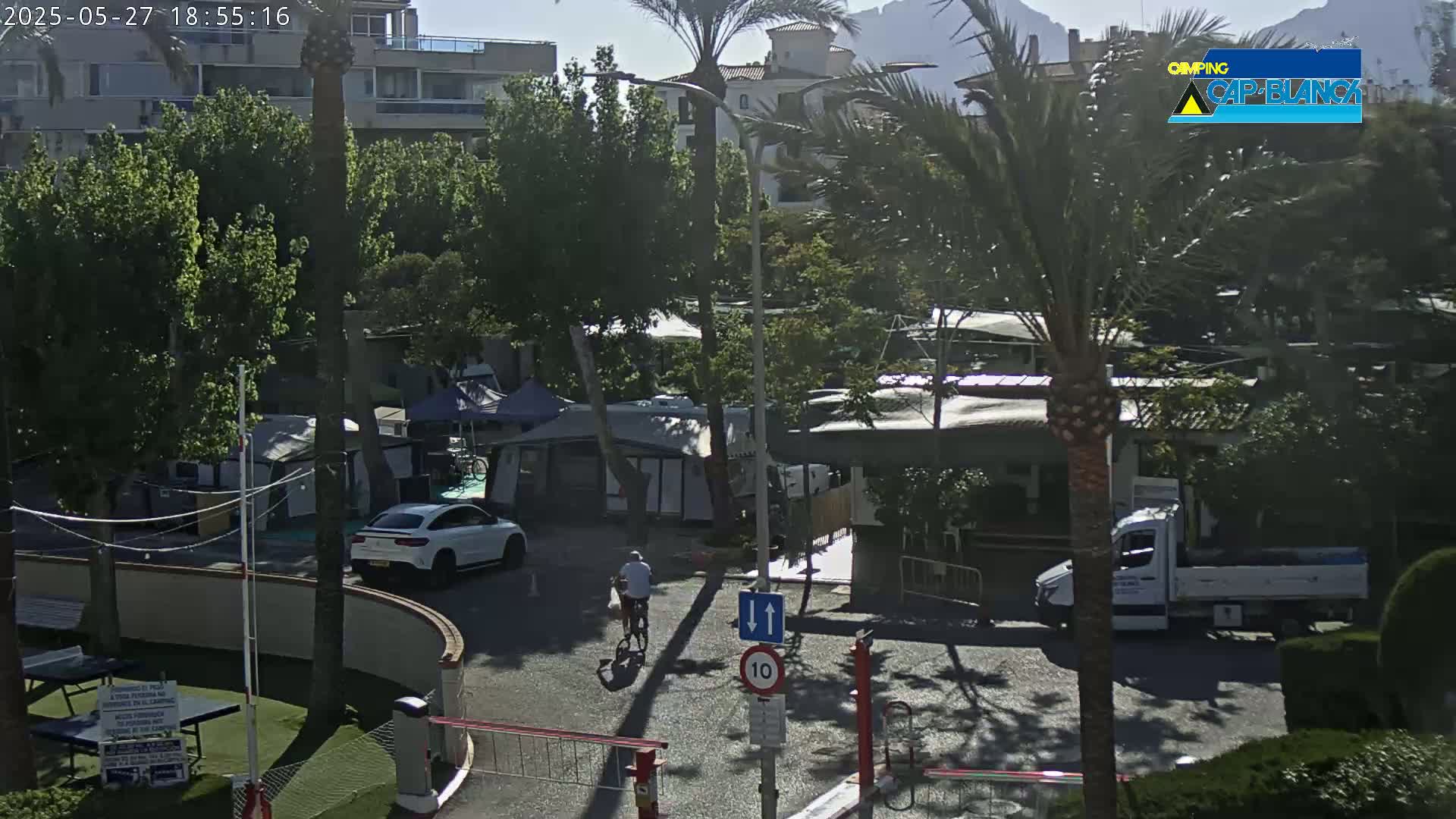 A sunny outdoor scene shows a campground with several tents and RVs, a white car, a person riding a bicycle, and a white delivery truck, all situated amongst palm trees and buildings.