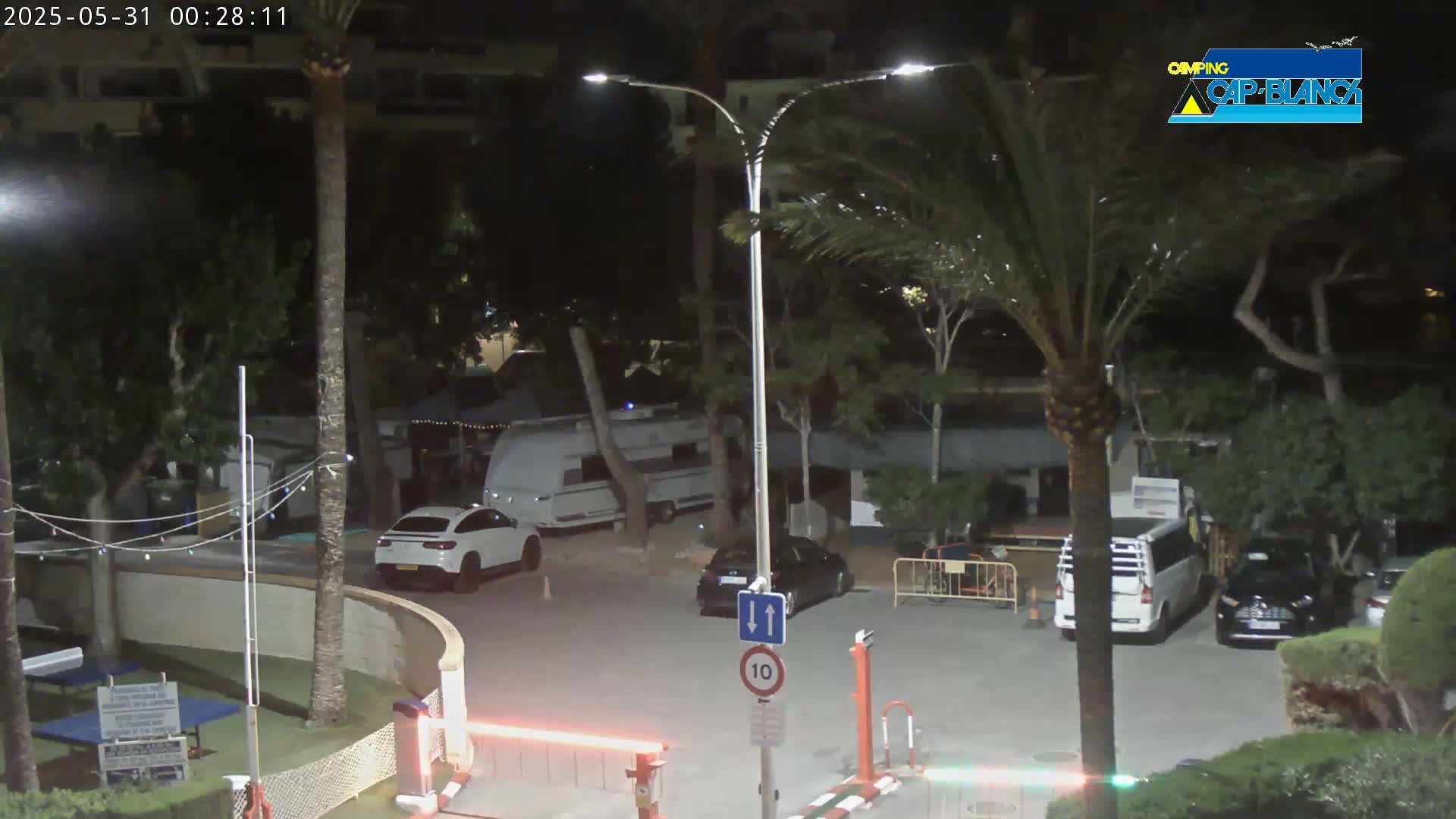 A nighttime parking lot scene shows several cars parked near palm trees and a camper van, under light street lamps.