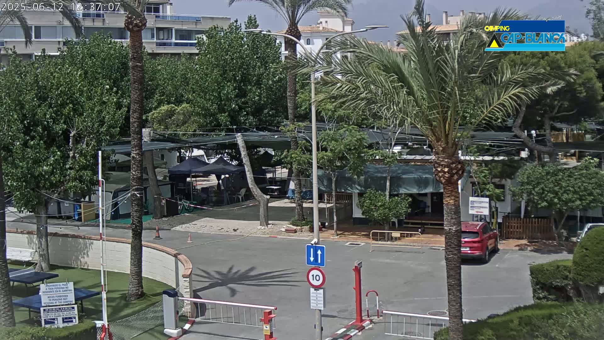 A sunny outdoor scene shows a campground with cars, RVs, and tents under shady trees, near a roadway with a speed limit sign and a gate.