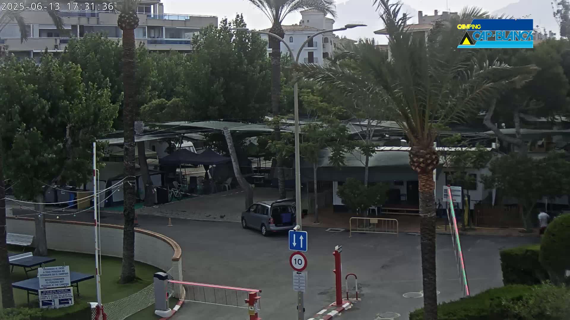 An overcast day at a campground shows several RVs and tents under shaded areas, with a car parked on a paved road in the foreground.