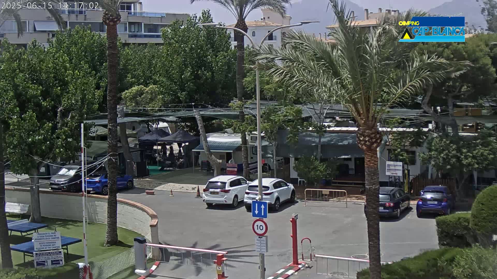 A sunny outdoor scene shows a parking area with several cars, surrounded by palm trees and buildings;  RV's and tents are visible in the background.